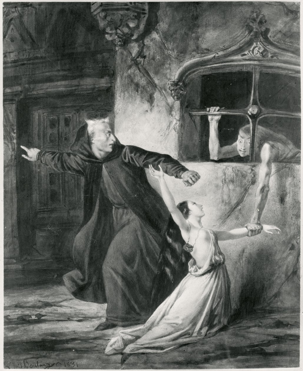 Saszetka, Esmeralda i Claude Frollo, ilustracja do „Dzwonnika z Notre Dame” Victora Hugo (1802-85), 1831 (bw) autorstwa Louis Boulanger