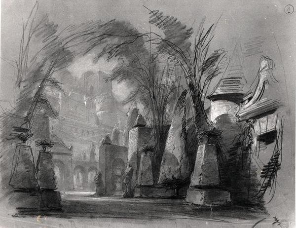 Scenografia do „Les Burgraves” (1843) autorstwa Victora Hugo (1802-85) (ołówek ? na papierze) (zdjęcie czarno-białe) autorstwa Louis Boulanger