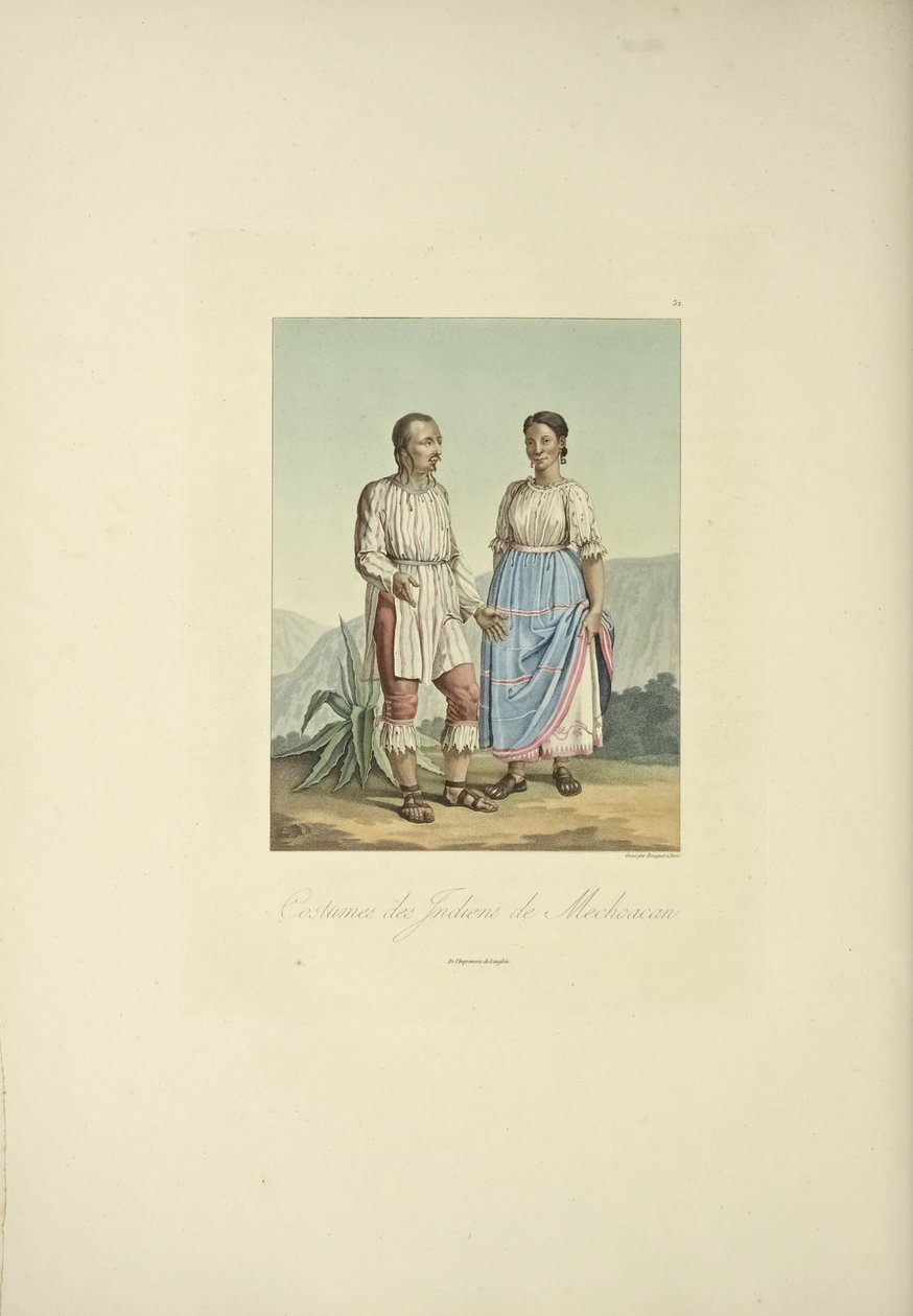 Kostiumy Indian Mechoacan, ilustracja z „Widoków Kordylierów i pomników ludów tubylczych Ameryki” autorstwa Alexandra von Humboldta i Aime Bonplanda autorstwa Louis Bouquet