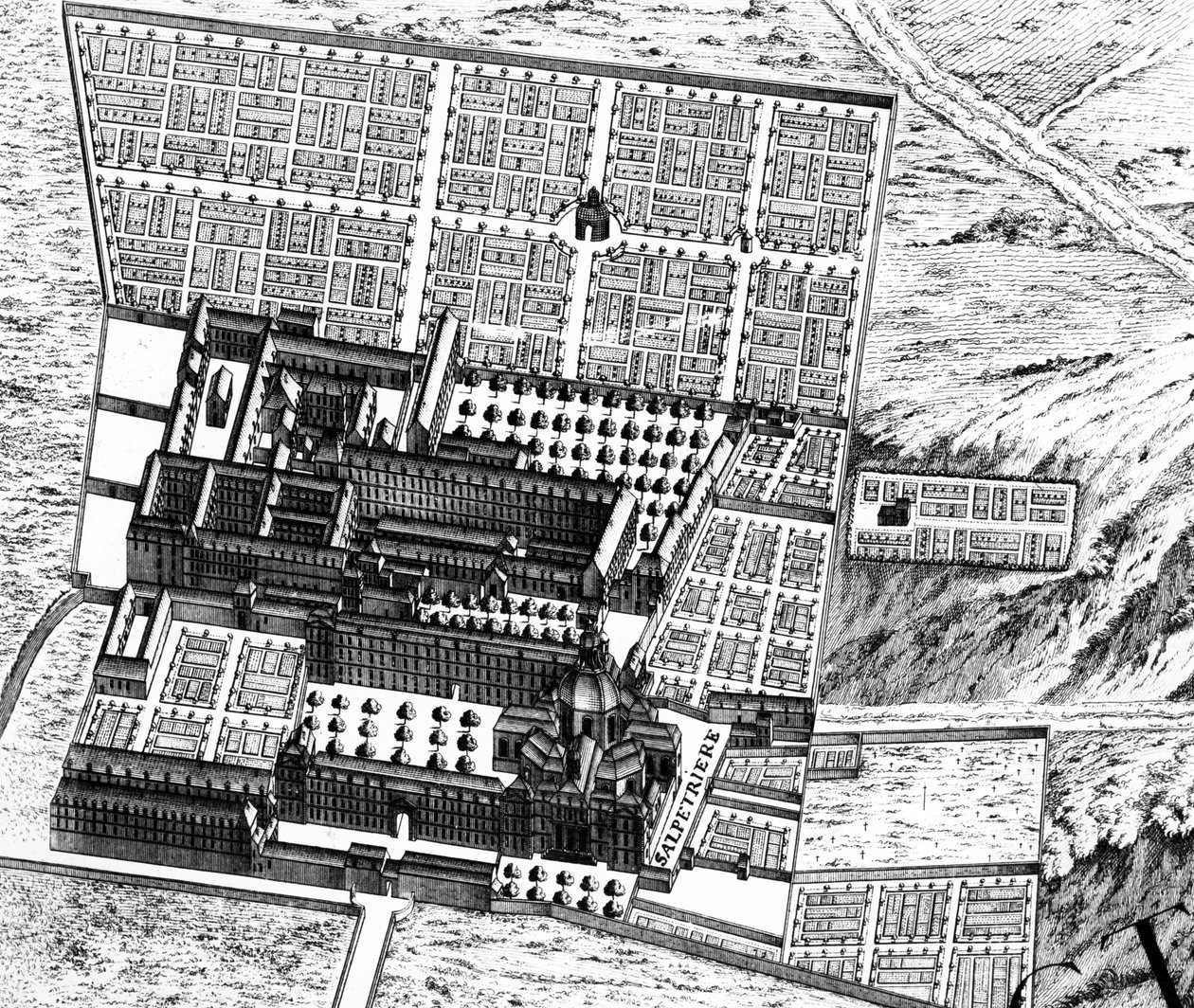 Szpital La Salpêtrière, szczegół z planu Paryża, znany jako Plan de Turgot, grawerowany przez Claude