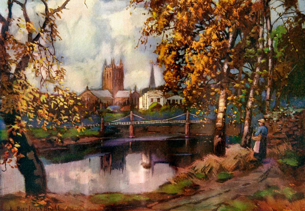 Katedra w Hereford, od strony promenady nad rzeką, Herefordshire, 1924-1926. autorstwa Louis Burleigh Bruhl
