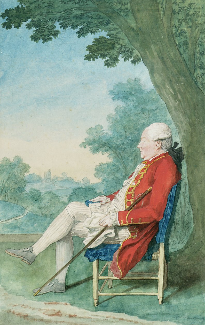 Pan O"Flanagan siedzący z profilu po lewej stronie w parku, 1771 autorstwa Louis Carrogis