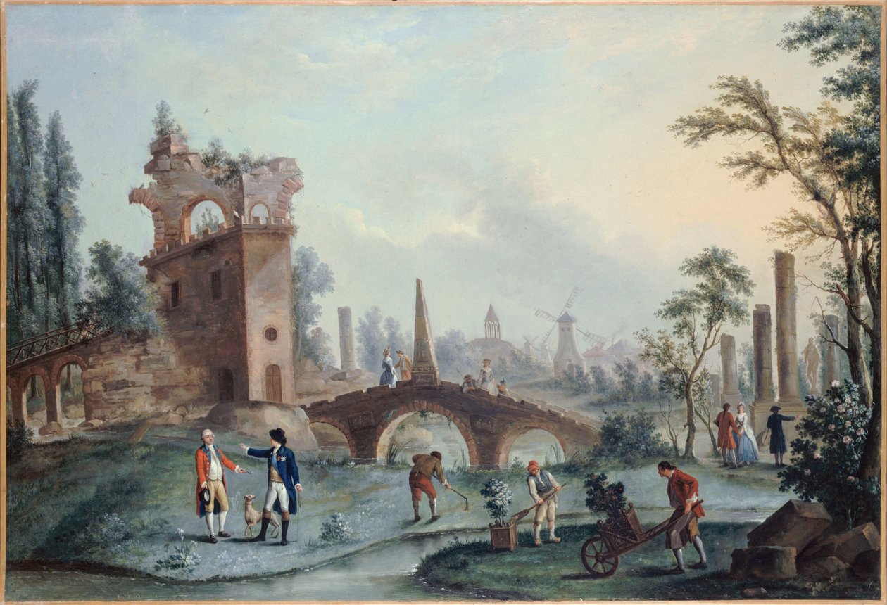 Widok na ogrody Monceau, około 1778 r. (olej na płótnie) autorstwa Louis Carrogis Carmontelle
