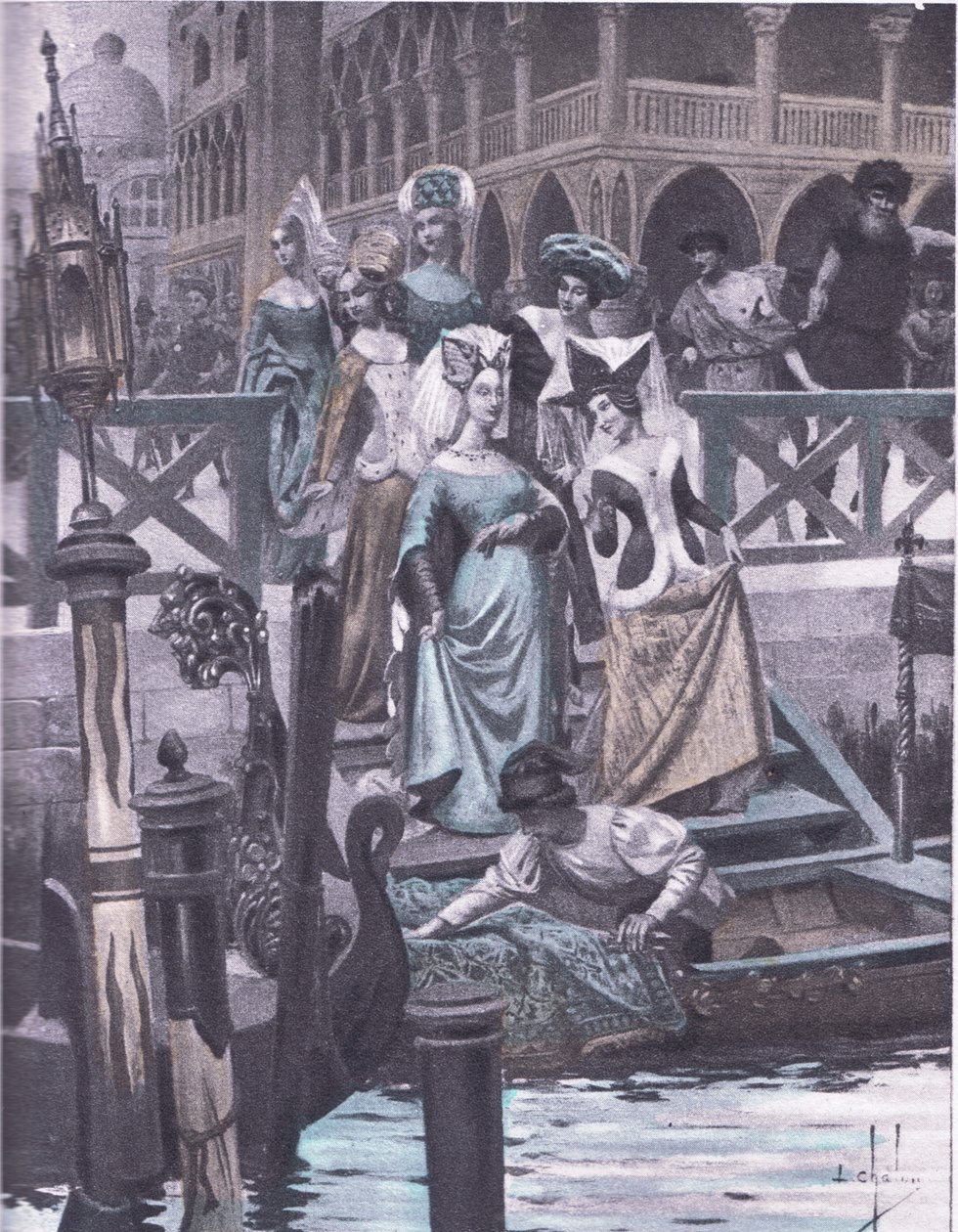 Zielone gęsi, ilustracja z Dekameronu Boccaccio, wydana przez Towarzystwo Nawarry, lata 30. (lito) autorstwa Louis Chalon