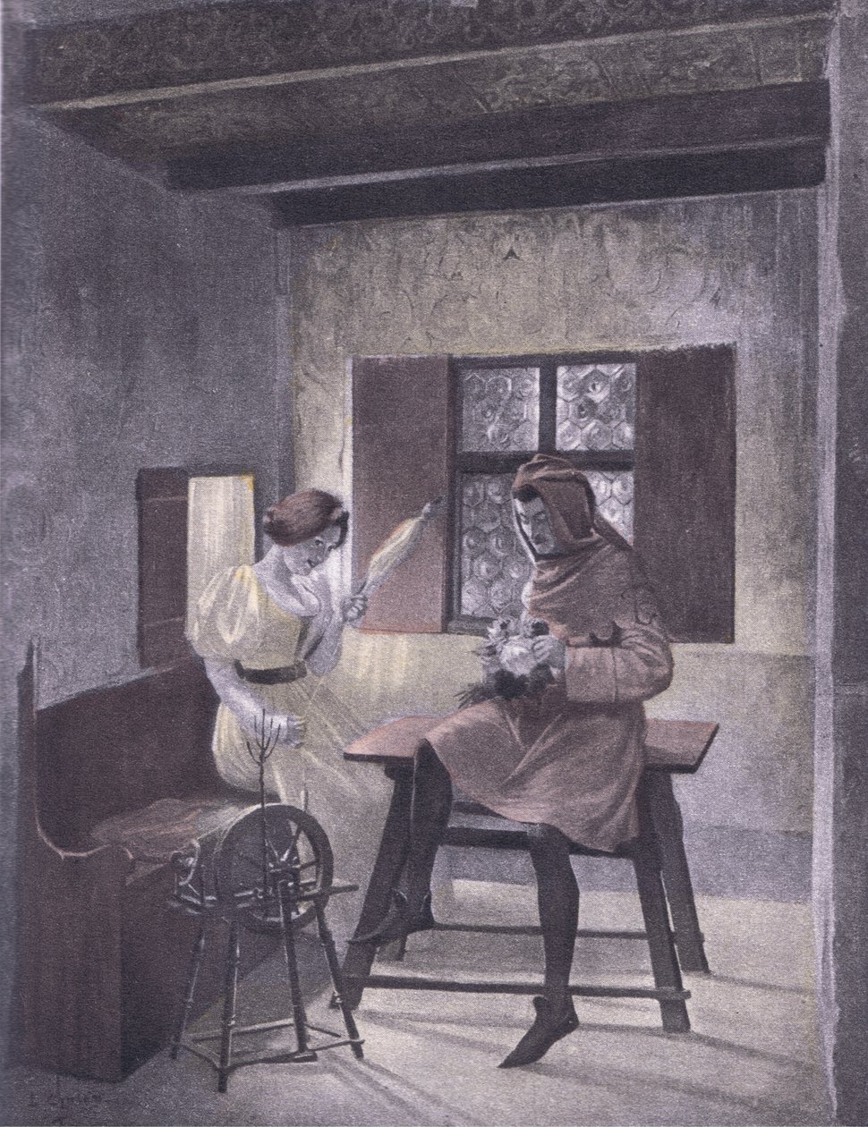 Simona spinning, ilustracja z Decameron of Boccaccio wydana przez Navarre Society, lata 30. (lito) autorstwa Louis Chalon