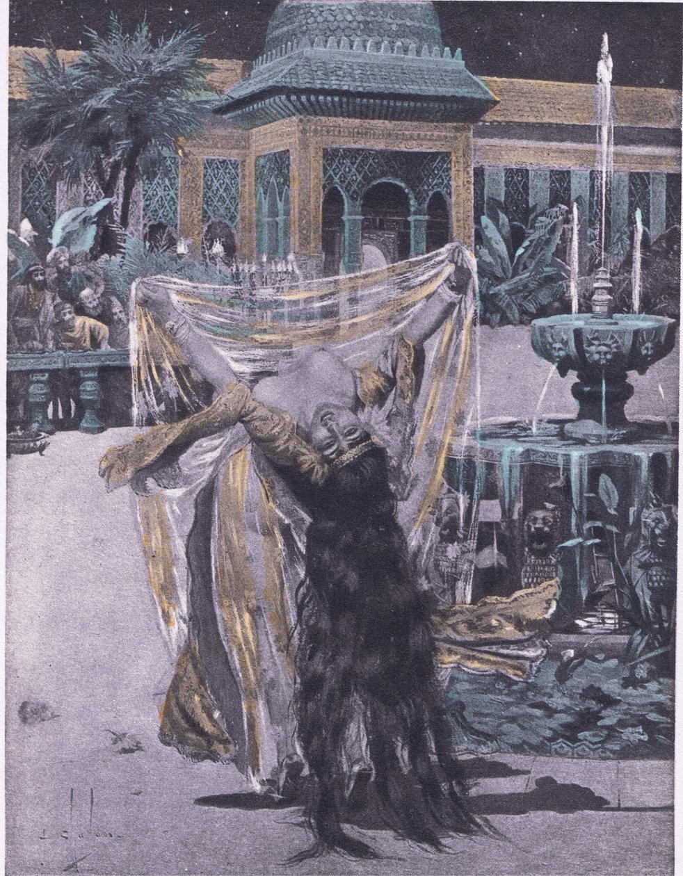 Soldan tańczy córkę Babilonu, ilustracja z Dekameronu Boccaccio wydanego przez Towarzystwo Nawarry, lata 30. (lito) autorstwa Louis Chalon