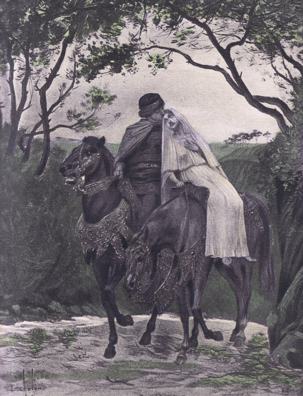 Uciekinierzy, ilustracja z Dekameronu Boccaccio wydana przez Towarzystwo Nawarry, lata 30. (lito) autorstwa Louis Chalon