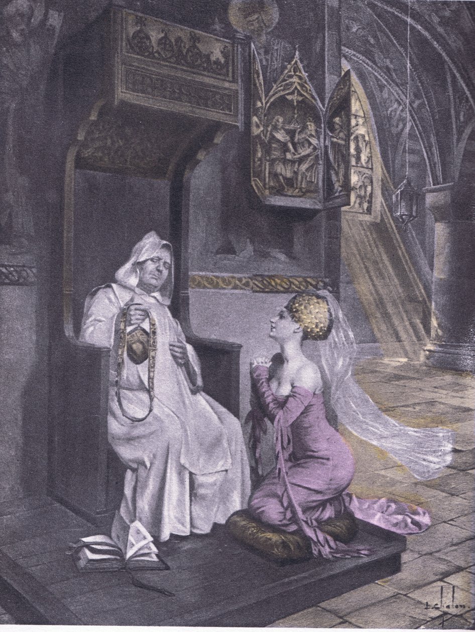 Dama i mnich, ilustracja z Dekameronu Boccaccio wydana przez Towarzystwo Nawarry, lata 30. (lito) autorstwa Louis Chalon