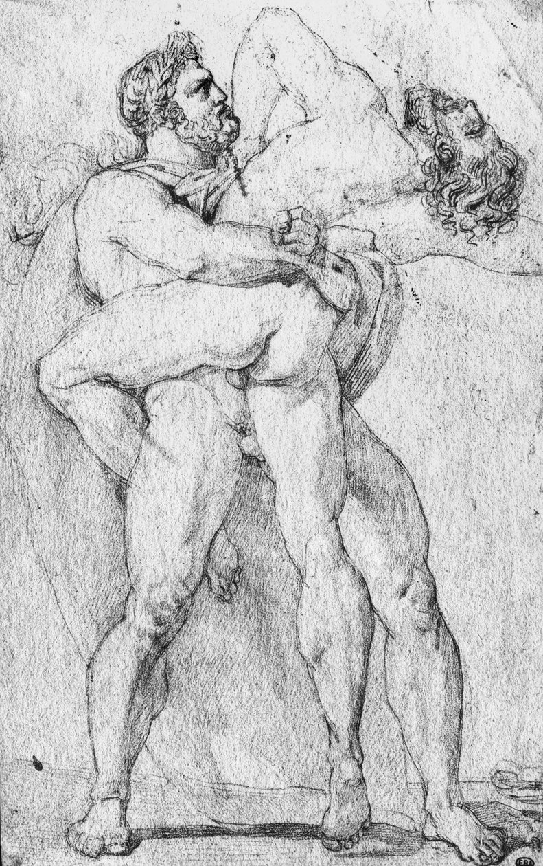 Herkules dusi Anteusza (grafitowy ołówek na papierze) autorstwa Louis Charles Auguste Couder