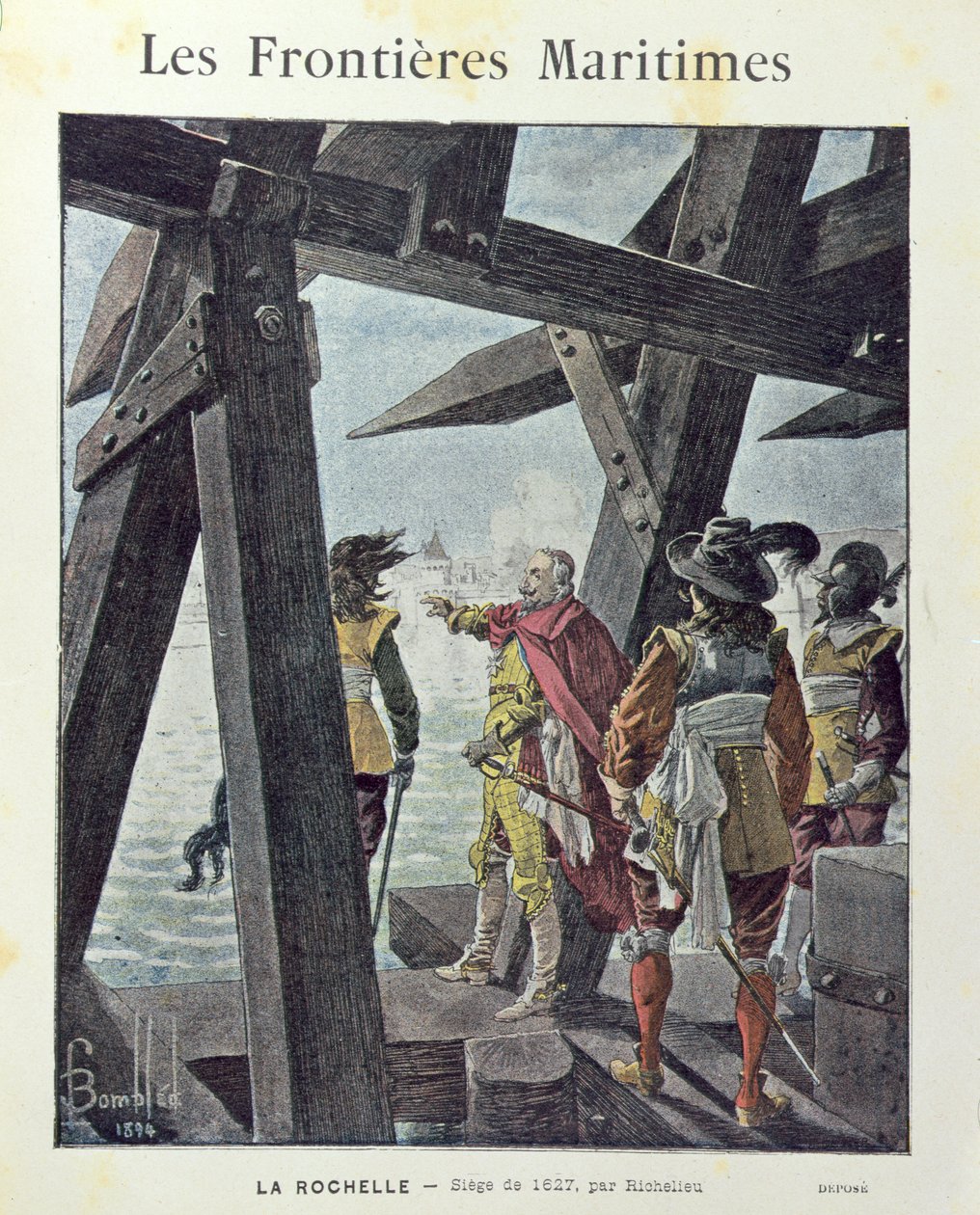 Armand-Jean du Plessis, kardynał de Richelieu (1585-1642) podczas oblężenia la Rochelle w 1627 r., okładka szkolnego zeszytu c. 1894 autorstwa Louis Charles Bombled