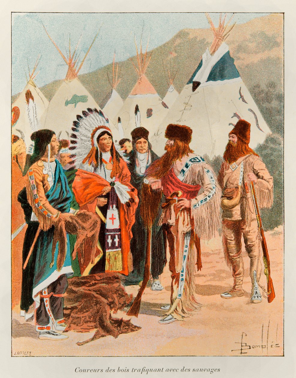 Zbombardowany Ludwik (1862 - 1927); Coureur des bois handlarze z dzikusami w XVIII wieku (traper w Kanadzie); Historia Nowej Francji Eugene Guenin - 1900 - Coll, cz. autorstwa Louis Charles Bombled