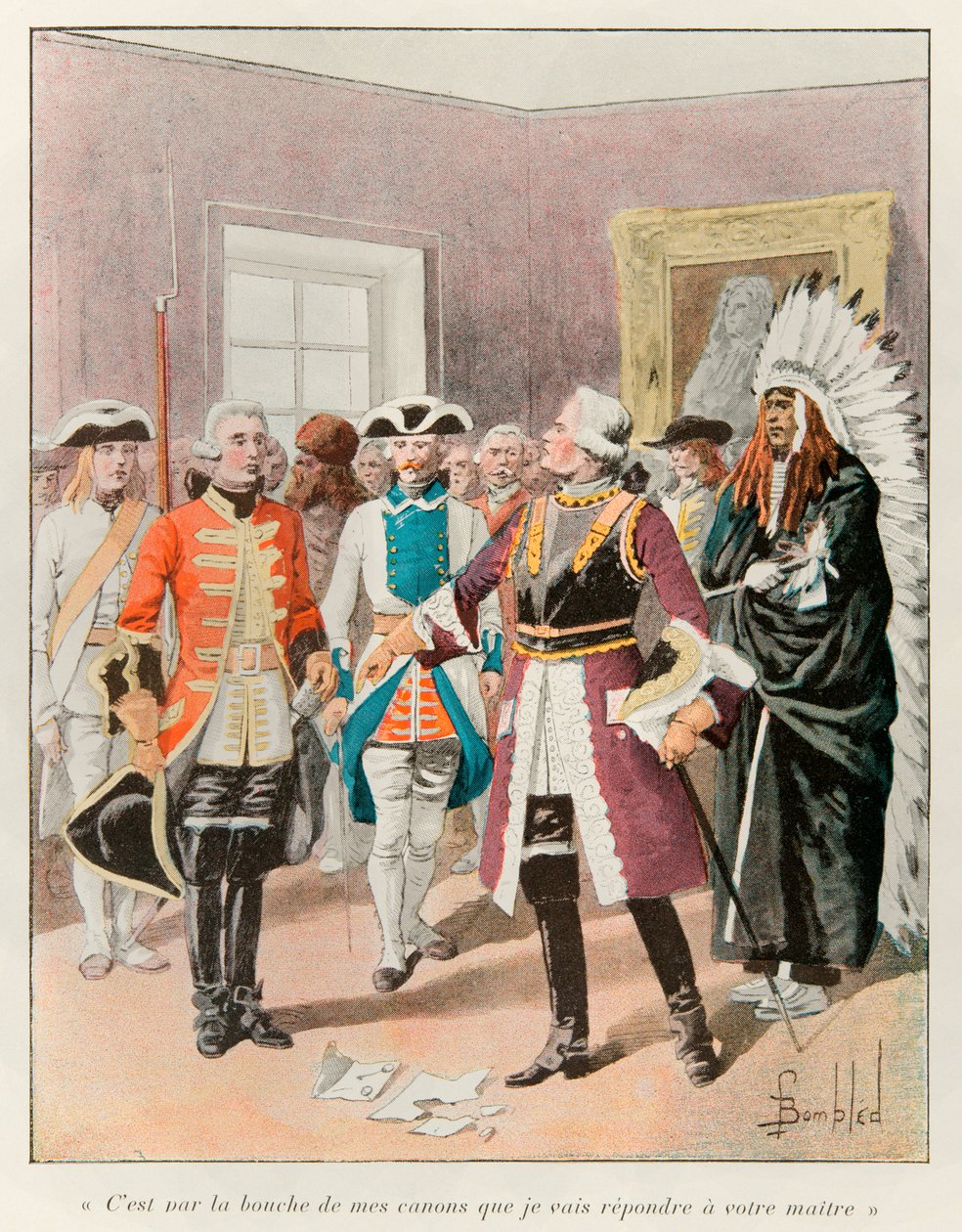 Zbombardowany Ludwik (1862 - 1927); Louis de Frontenac (1622-1698) przyjmujący angielskiego emisariusza wzywającego go do przekazania miasta Quebec bez walki w 1690 r., odpowiedział mu „” to przez usta moich pistoletów odpowiem twojemu panu „”; Histoire de autorstwa Louis Charles Bombled