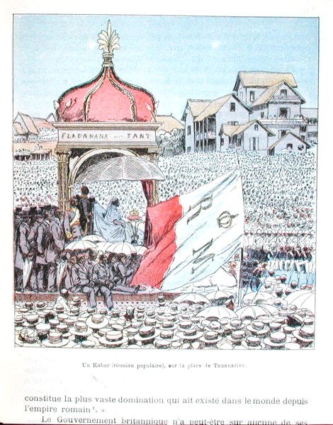 Spotkanie festiwalowe w Tananarive z królową Ranavaloną III (1862-1917), z „La guerre a Madagaskar”, koniec XIX wieku (kolor lito) autorstwa Louis Charles Bombled
