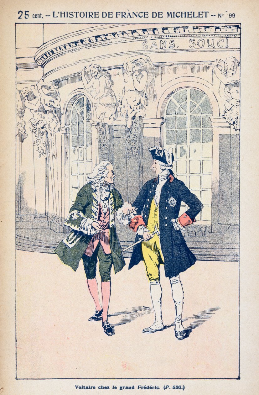 Francois Voltaire (1694-1778) z królem Prus Fryderykiem II (1712-86) w Sanssouci koło Poczdamu, z "Histoire de France" Julesa Micheleta (1798-1874) ok. 1900 r. autorstwa Louis Charles Bombled
