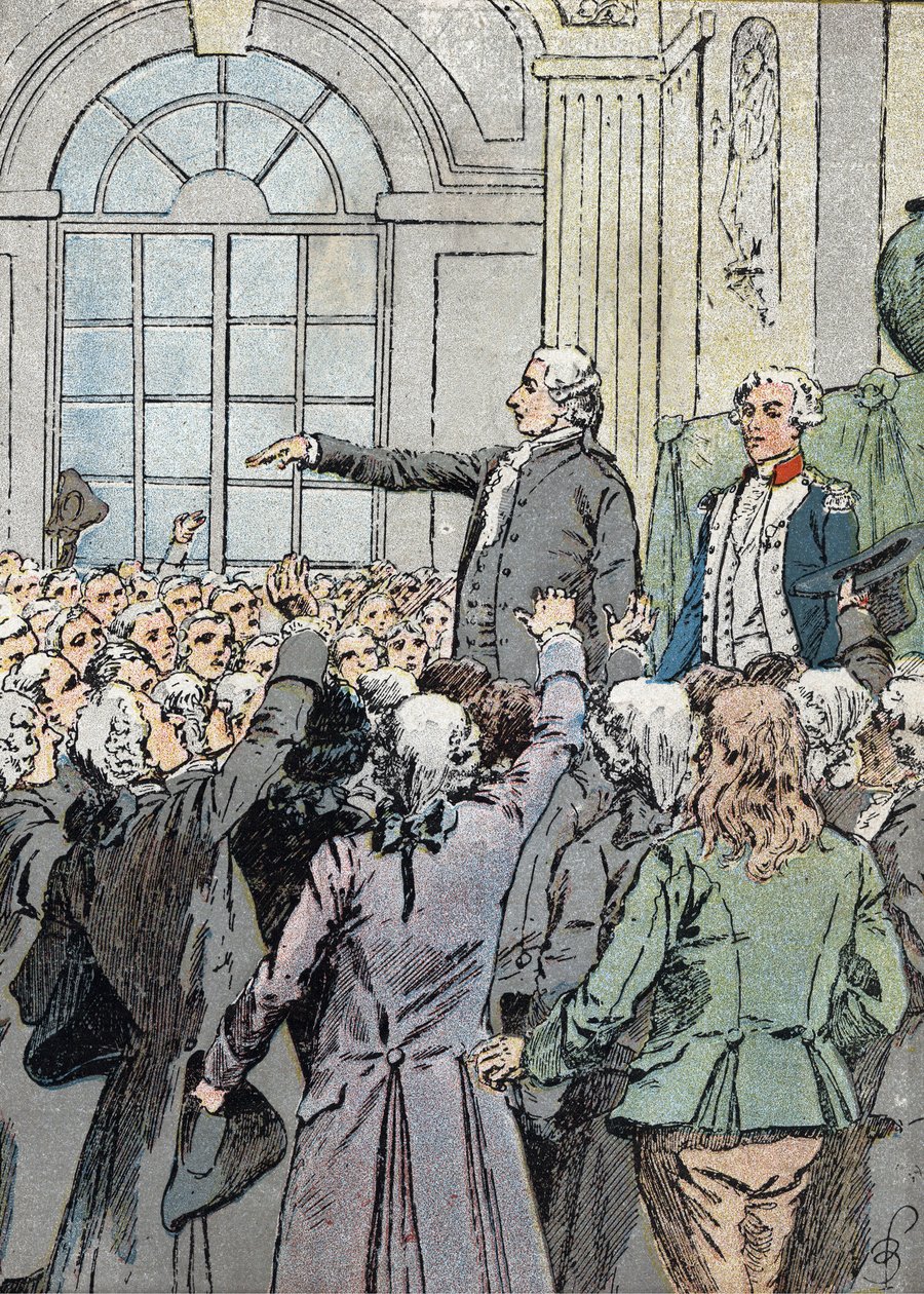 Rewolucja Francuska: „” Zastępca Jean Sylvain Bailly (1736-1793) został wybrany na burmistrza Paryża 15.07.1789 w obecności La Fayette”” (Przywódca polityczny Jean-Sylvain Bailly wybrany na burmistrza Paryża 15 lipca 1789) Ilustracja Louisa Charlesa B autorstwa Louis Charles Bombled
