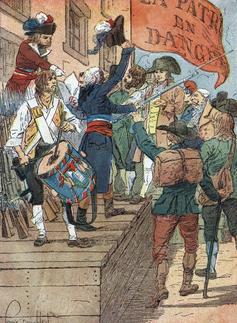 Wojny o rewolucję francuską: dobrowolne zaciągi po klęsce Francji w wojnie między rewolucyjną Francją a kontrrewolucyjnymi monarchiami, francuskie zgromadzenie ogłasza Niebezpieczeństwo dla Ojczyzny, 22 lipca 1792 r. Ilustracja Louis Charles autorstwa Louis Charles Bombled