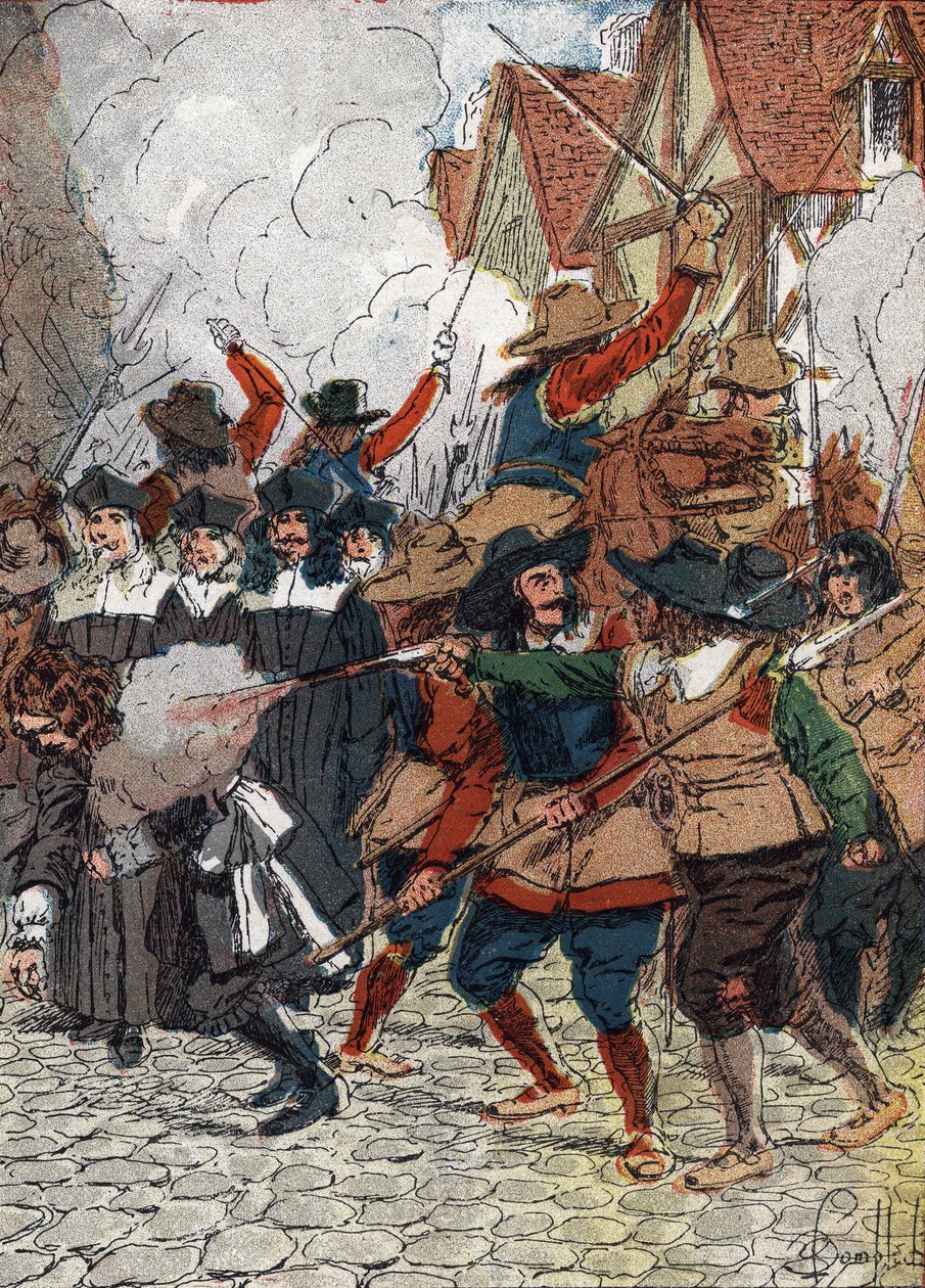 Fronda (1648-1653): w dniu słomek 4/07/1652 spalono ratusz i około trzydziestu notabli, którzy opowiedzieli się za królem Ludwikiem XIV, chcąc zakończyć oblężenie Paryża, dokonano masakry przez żołnierzy przebranych za robotników - (Fronde r autorstwa Louis Charles Bombled