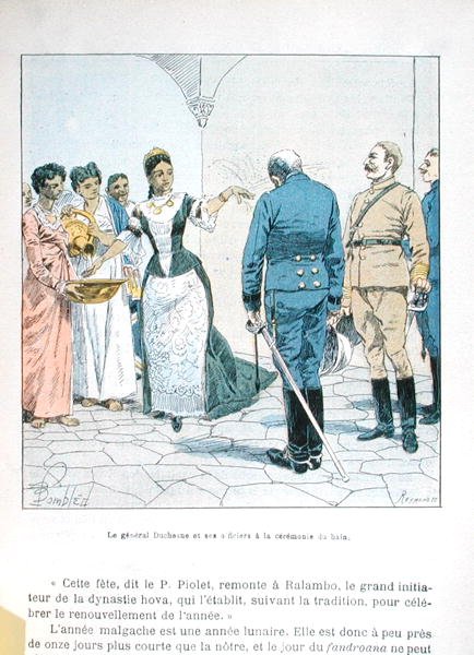 Generał Duchesne i jego oficerowie podczas ceremonii kąpieli królowej Ranavalony III (1862-1917), z "La Guerre a Madagascar" H.Galli, koniec XIX wieku (litografia kolorowa) autorstwa Louis Charles Bombled