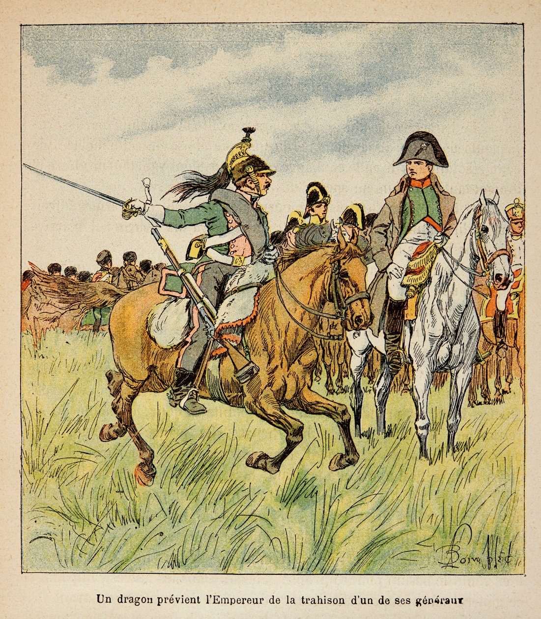 Ilustracja Bombled Louis (1862-1927) z hrabiego Emmanuela de Las Cases (1766-1842): smok ostrzega cesarza przed zdradą jednego z jego generałów w bitwie pod Waterloo w czerwcu 1815 r., Kolekcja prywatna autorstwa Louis Charles Bombled