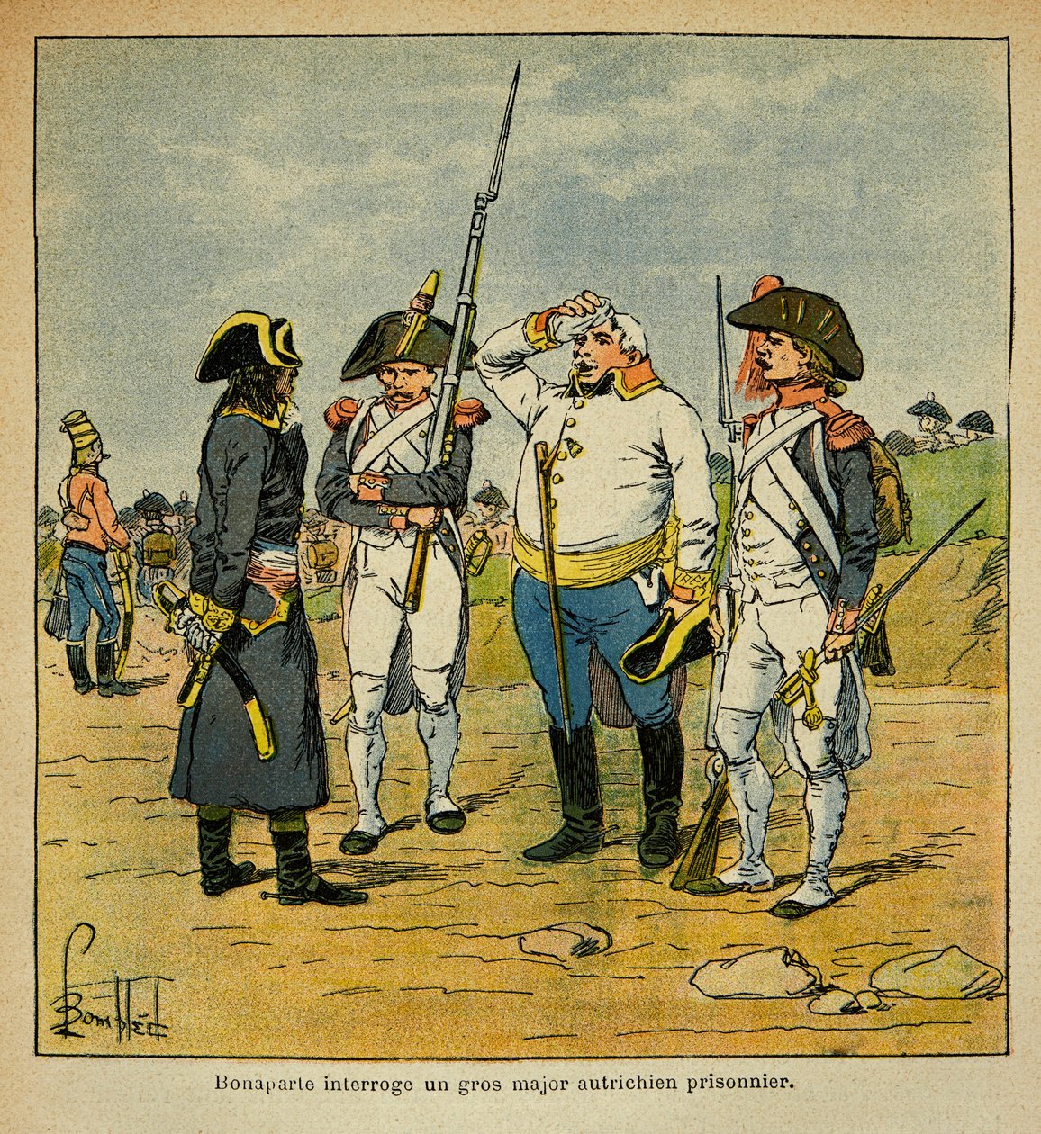 Ilustracja zbombardowanego Louisa (1862-1927) z hrabiego Emmanuela de Las Cases (1766-1842): Podczas kampanii włoskiej Bonaparte przesłuchuje austriackiego oficera więźnia, kolekcja prywatna autorstwa Louis Charles Bombled