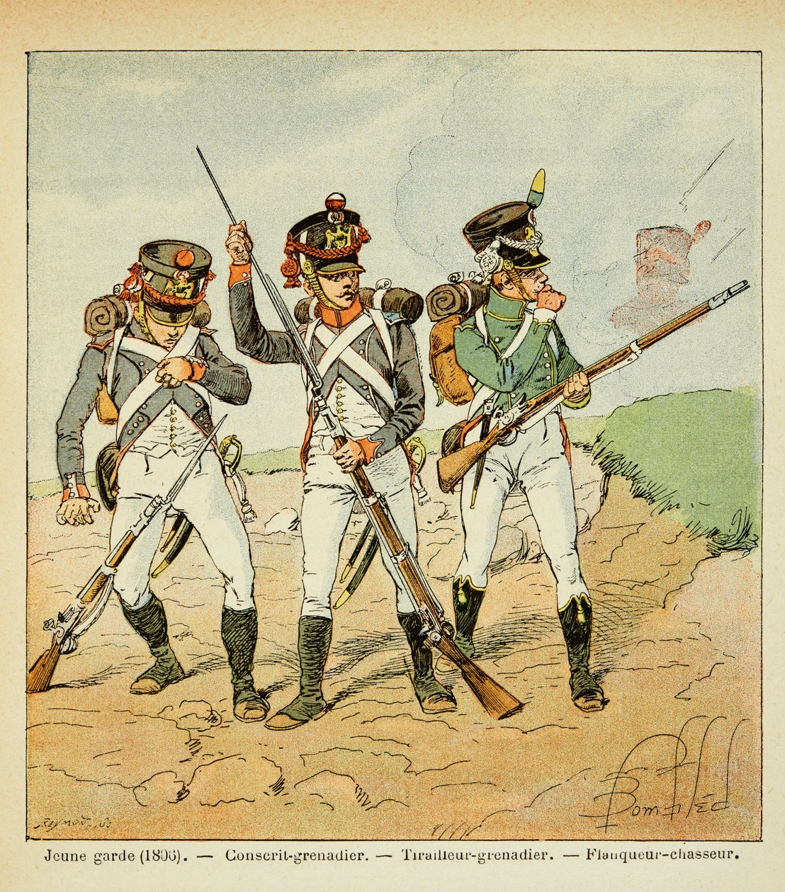 Ilustracja autorstwa Bombleda Louisa (1862-1927) z książki "Pamiątka Świętej Heleny" hrabiego Emmanuela de Las Cases (1766-1842): Młoda Gwardia z 1806 roku: grenadier poborowy; grenadier strzelec i myśliwy flankowy, Kolekcja prywatna autorstwa Louis Charles Bombled