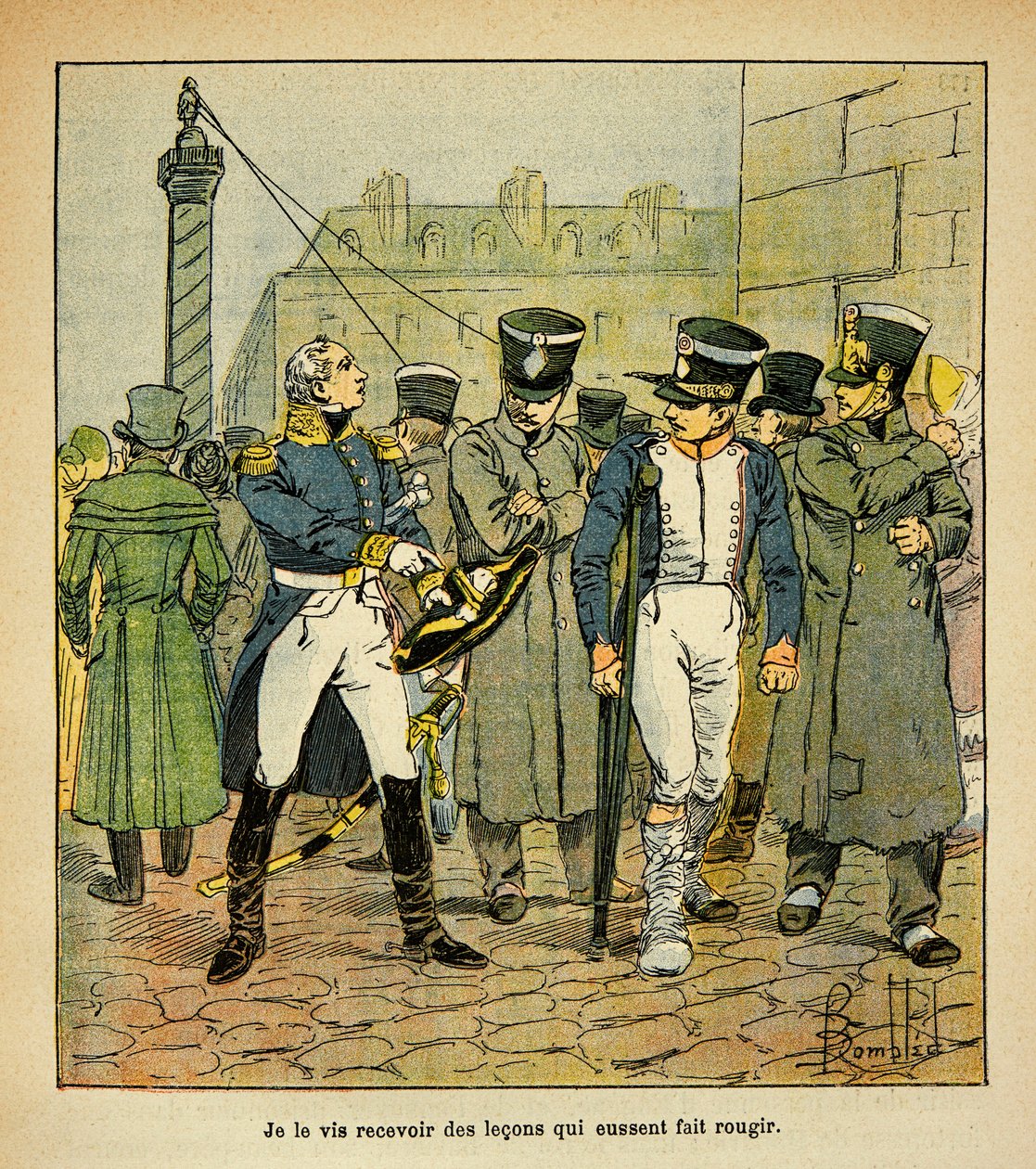 Ilustracja autorstwa Bombled Louisa (1862-1927) z książki „Memoriał św. Heleny” hrabiego Emmanuela de Las Cases (1766-1842): Były oficer Napoleona, w trakcie renowacji, wzywa byłych poborowych do odrzucenia reżimu cesarskiego, Kolekcja częściowa autorstwa Louis Charles Bombled