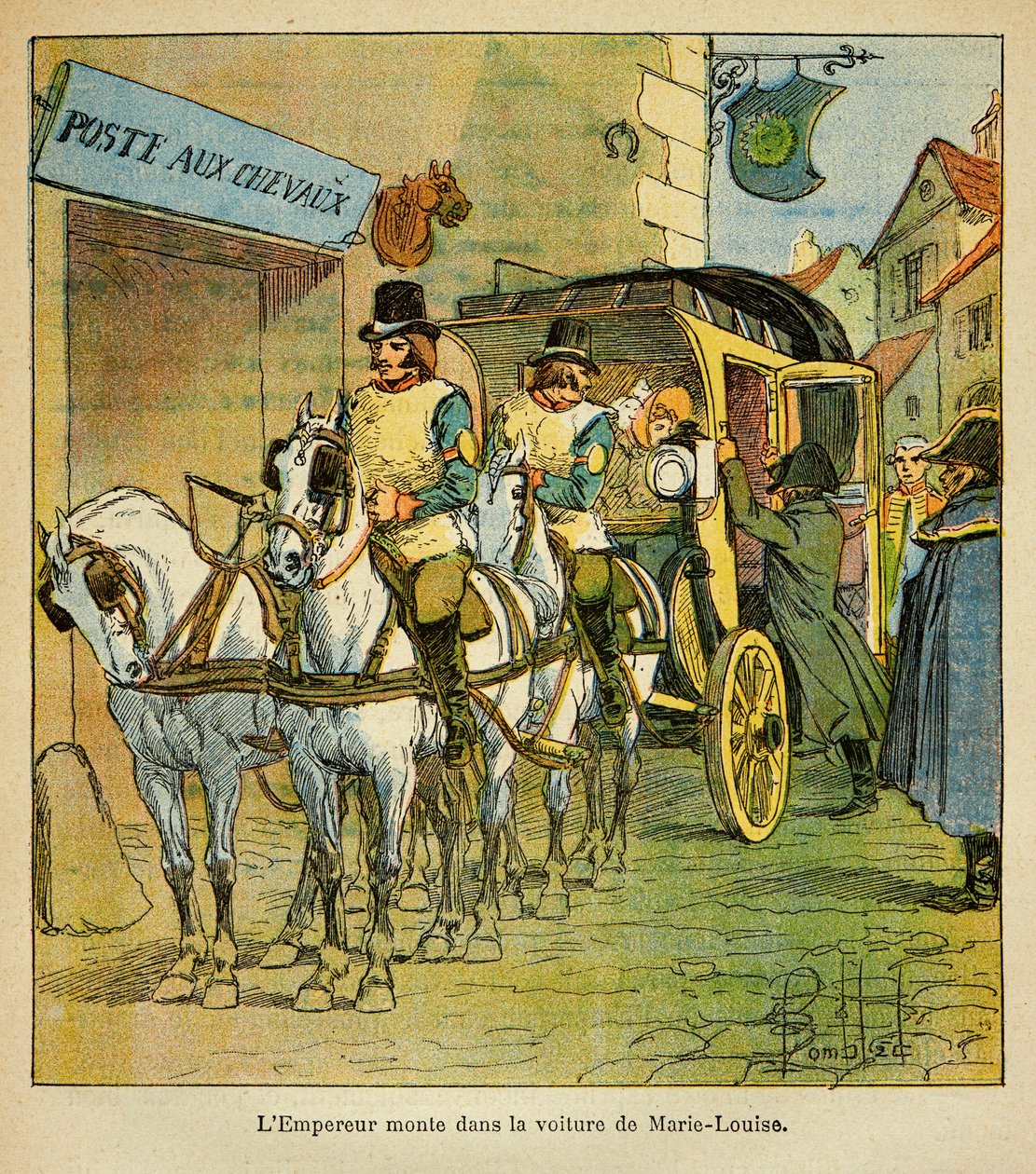 Ilustracja Bombled Louis (1862-1927) z książki „Memoriał św. Heleny” hrabiego Emmanuela de Las Cases (1766-1842): Cesarz Napoleon jedzie samochodem na spotkanie ze swoją żoną Marie Louise w 1810 r., Kolekcja prywatna autorstwa Louis Charles Bombled