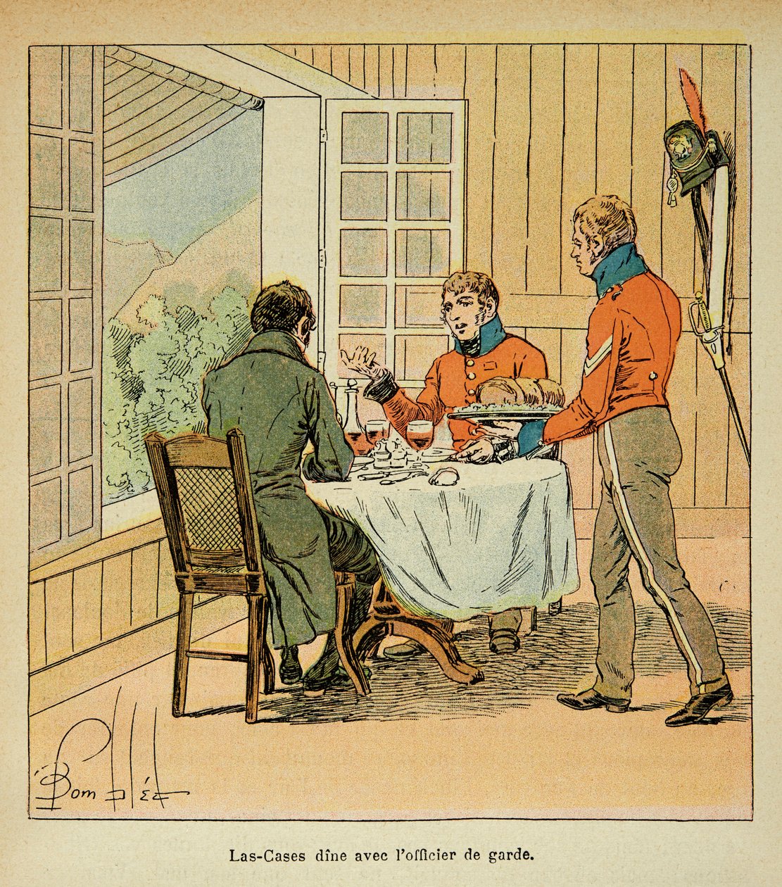 Ilustracja Bombled Louis (1862-1927) z książki „Memoriał św. Heleny” hrabiego Emmanuela de Las Cases (1766-1842): Kolacja między Las Cases a oficerem gwardii, kolekcja prywatna autorstwa Louis Charles Bombled