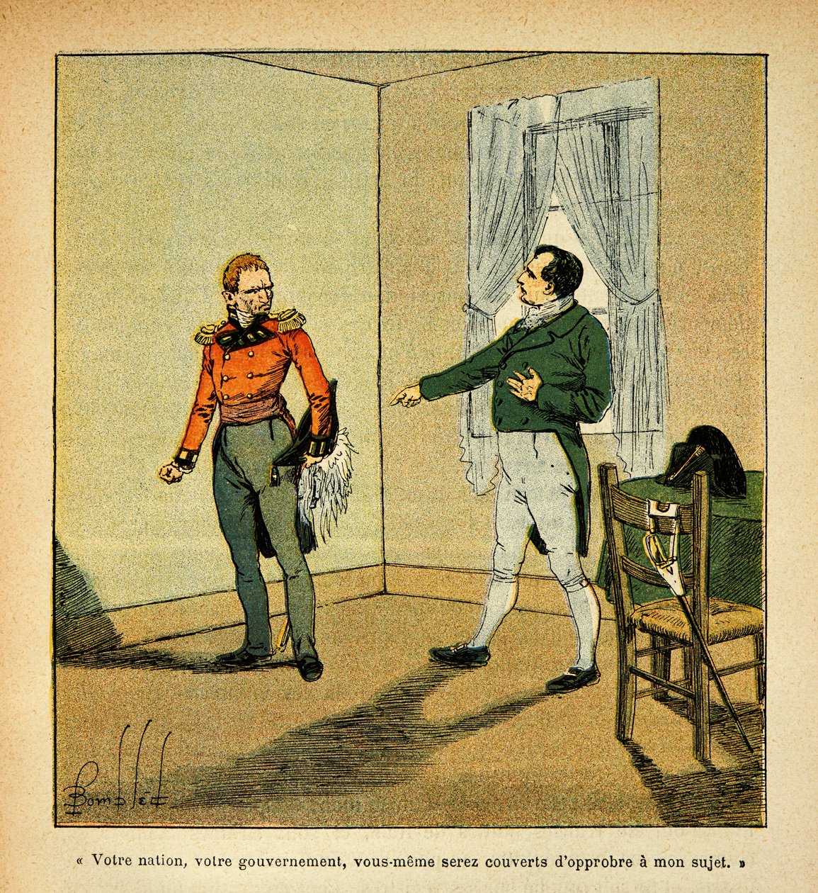 Ilustracja Bombled Louis (1862-1927) z książki „Memoriał św. Heleny” hrabiego Emmanuela de Las Cases (1766-1842): Cesarz Napoleon obwinia gubernatora Hudsona Lowe (1769-1844) za jego zachowanie wobec niego, Collection Partial autorstwa Louis Charles Bombled