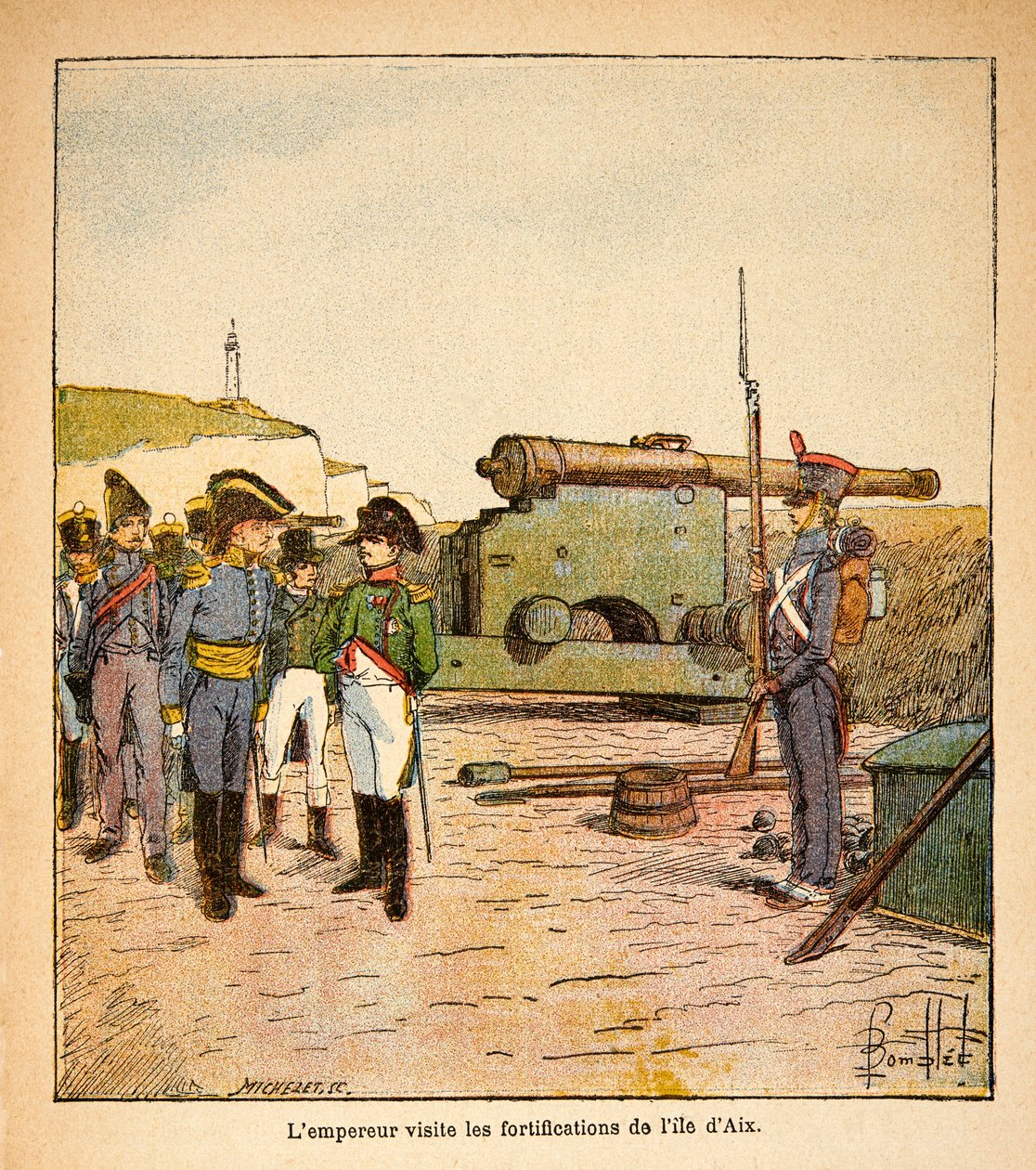 Ilustracja Bombled Louis (1862-1927) z książki „Memoriał św. Heleny” hrabiego Emmanuela de Las Cases (1766-1842): Cesarz Napoleon odwiedza fortyfikacje wyspy Aix po swojej abdykacji, Kolekcja prywatna autorstwa Louis Charles Bombled