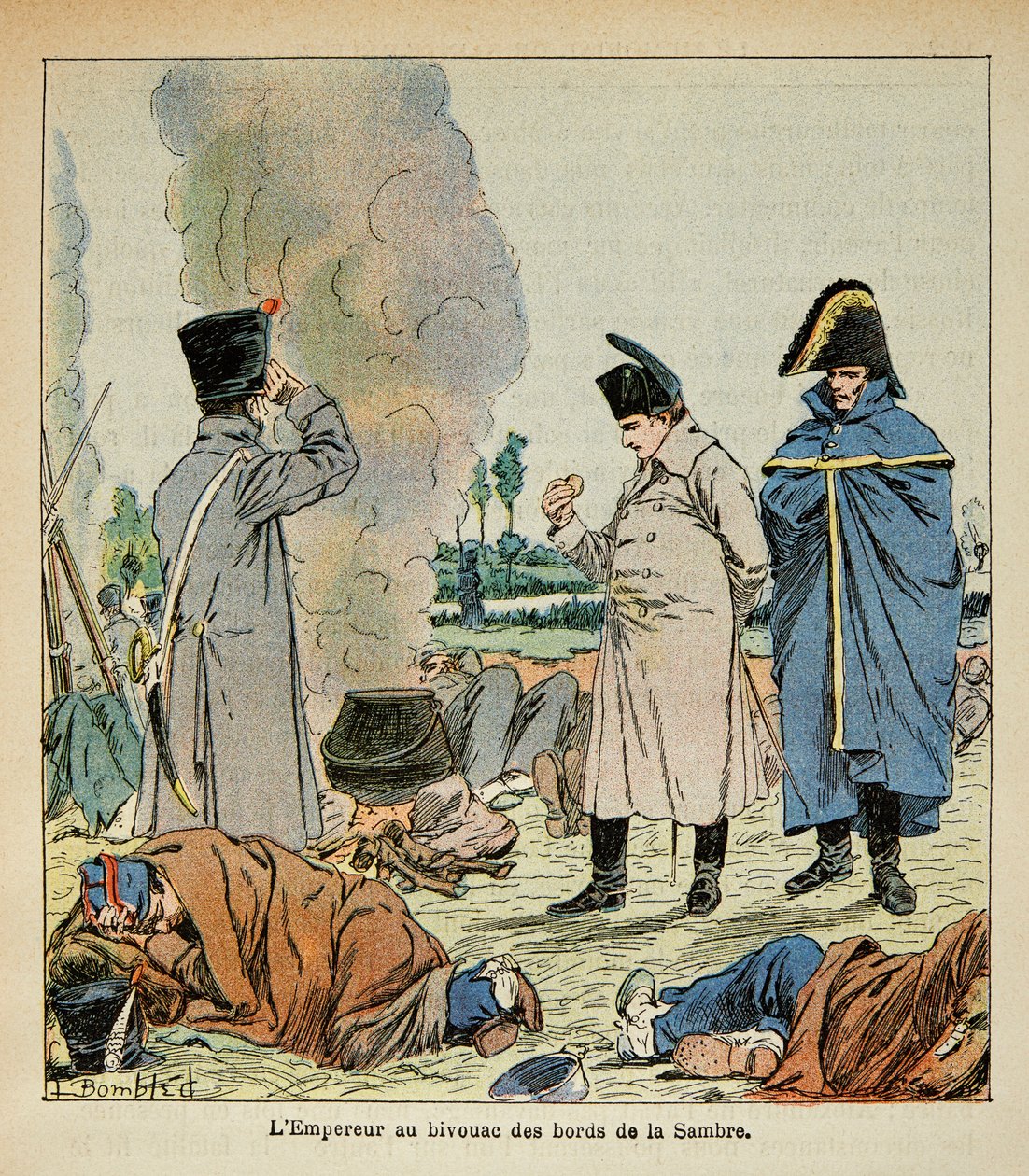 Ilustracja Bombled Louis (1862-1927) z książki „Memoriał św. Heleny” hrabiego Emmanuela de Las Cases (1766-1842): Napoleon podczas biwaku je chleb żołnierzy, kolekcja prywatna autorstwa Louis Charles Bombled