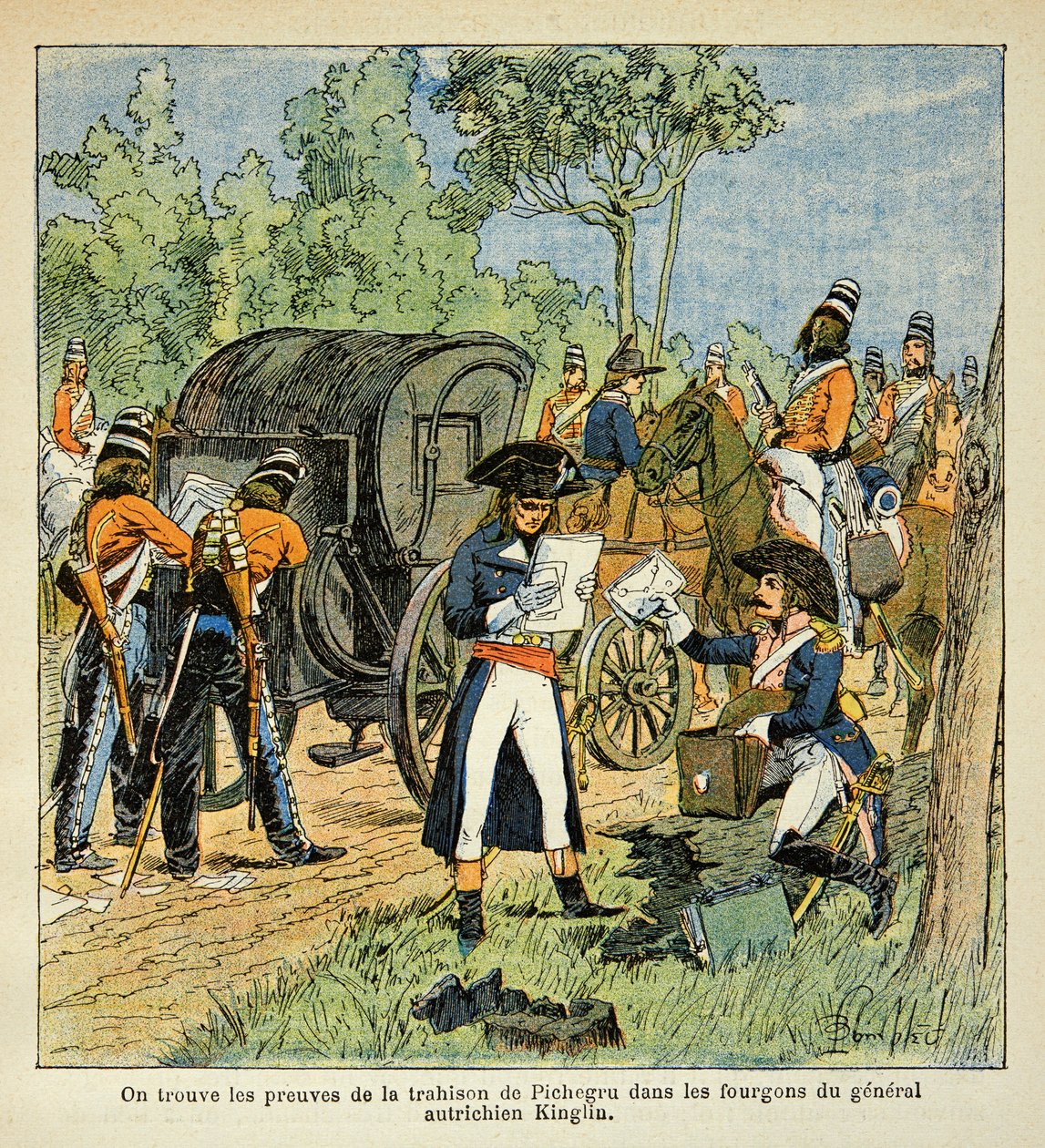Ilustracja autorstwa Bombled Louis (1862-1927) z książki hrabiego Emmanuel de Las Cases „Memoriał św. Heleny” (1766-1842): Podczas przeprawy przez Ren Moreau odkrywa korespondencję między Pichegru a księciem Conde w samochody dostawcze autorstwa Louis Charles Bombled