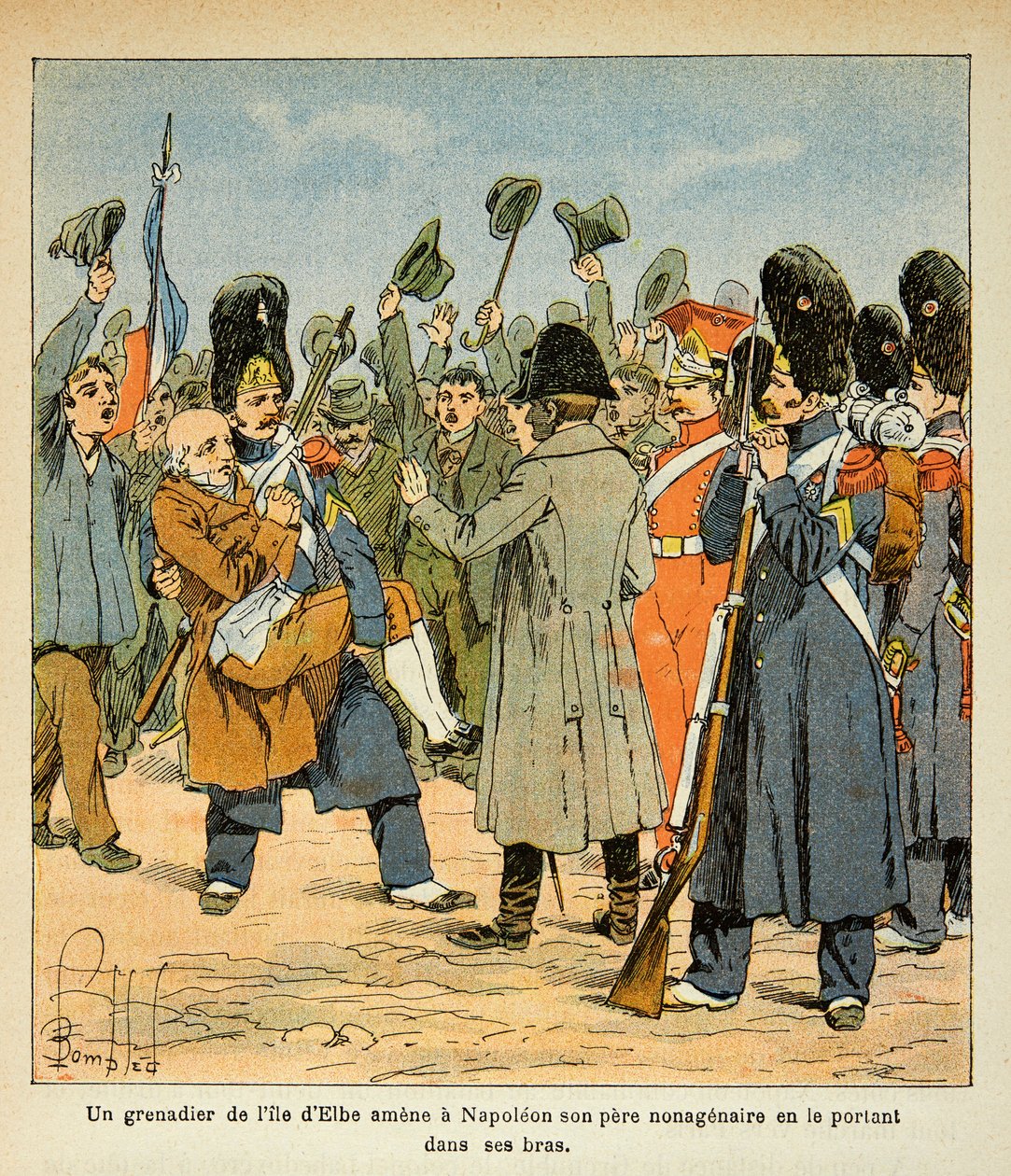 Ilustracja autorstwa Bombled Louisa (1862-1927) z książki „Memoriał św. Heleny” hrabiego Emmanuela de Las Cases (1766-1842): Grenadier przyprowadza do Napoleona swego niegenerującego ojca, niosąc go w ramionach, gdy wraca z wyspy Elba , Prywatne płk autorstwa Louis Charles Bombled