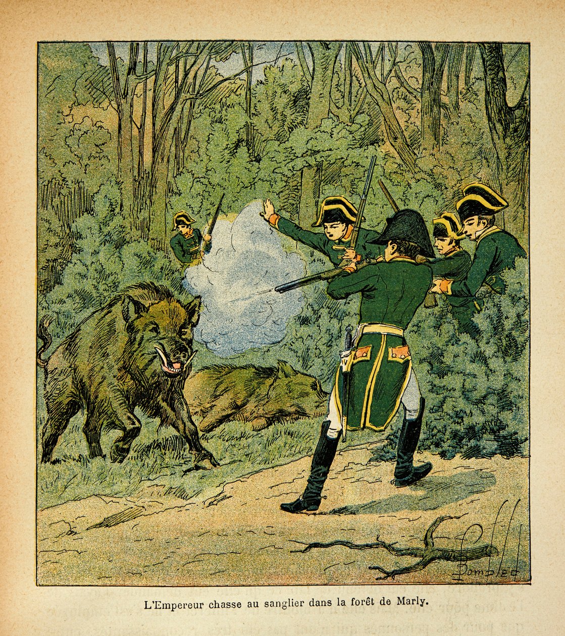 Ilustracja autorstwa Bombleda Louisa (1862-1927) z książki "Pamiątka Świętej Heleny" hrabiego Emmanuela de Las Cases (1766-1842): Cesarz Napoleon poluje na dzika w lesie Marly, zbiory prywatne autorstwa Louis Charles Bombled