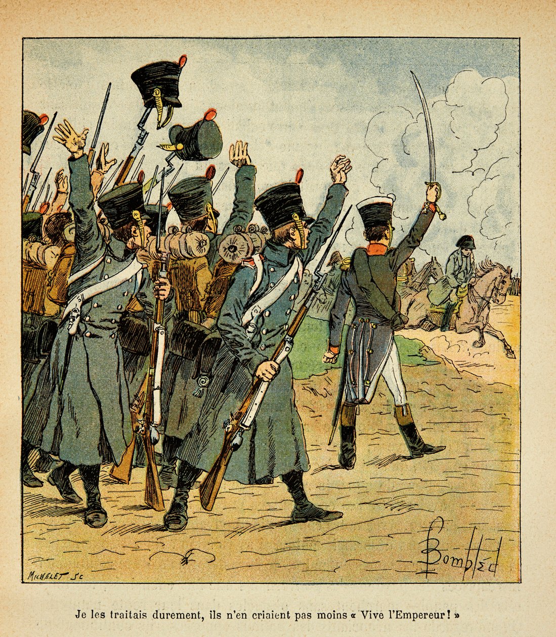 Ilustracja autorstwa Bombled Louis (1862-1927) z książki „Memoriał św. Heleny” hrabiego Emmanuela de Las Cases (1766-1842): The Troops Acclaim Emperor Napoleon, Private Collection autorstwa Louis Charles Bombled