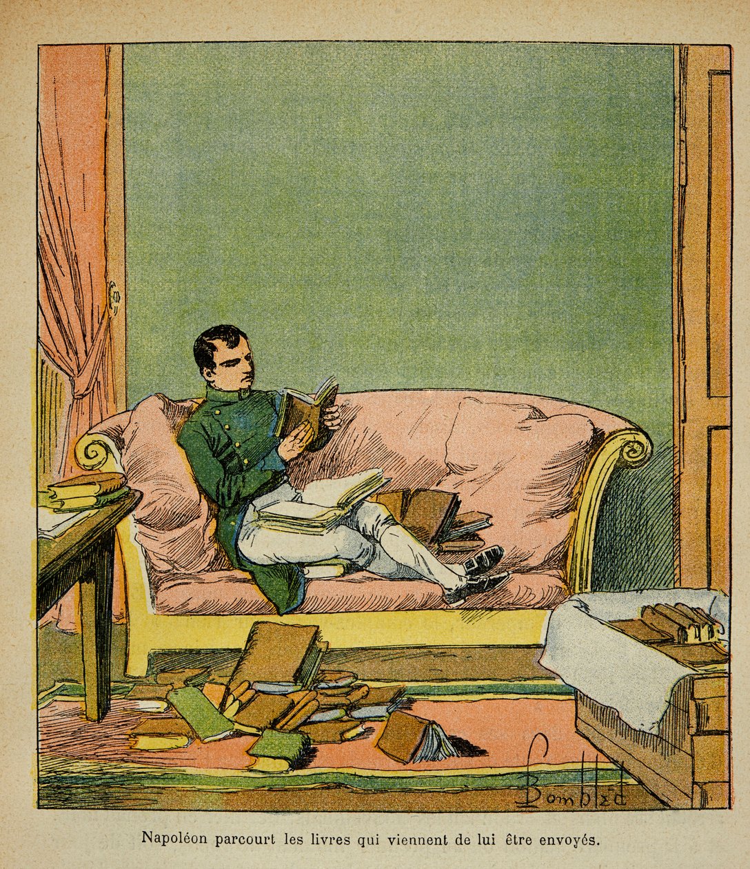 Ilustracja autorstwa Bombled Louis (1862-1927) z książki „Memoriał św. Heleny” hrabiego Emmanuela de Las Cases (1766-1842): Cesarz Napoleon podróżuje po książkach, które właśnie zostały wysłane do St. autorstwa Louis Charles Bombled