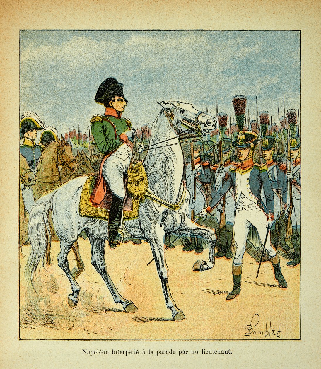 Ilustracja Bombled Louis (1862-1927) z książki „Memoriał św. Heleny” hrabiego Emmanuela de Las Cases (1766-1842): Napoleon zwołuje paradę porucznika, kolekcja prywatna autorstwa Louis Charles Bombled