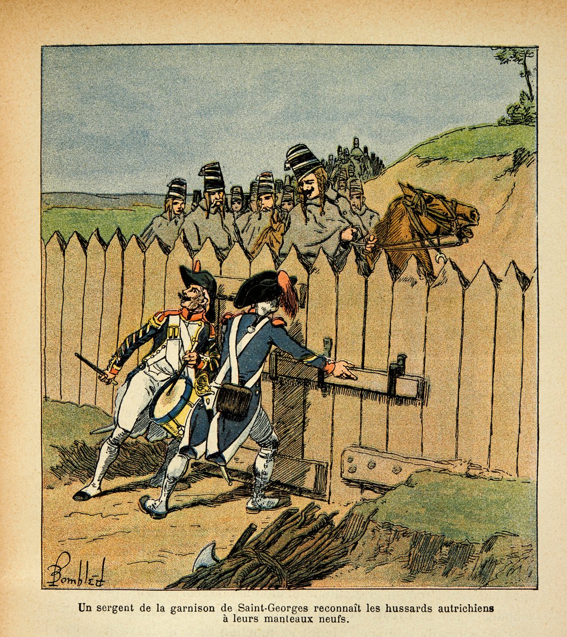 Ilustracja Bombled Louis (1862-1927) z książki „Memoriał św. Heleny” hrabiego Emmanuela de Las Cases (1766-1842): Podczas kampanii włoskiej sierżant garnizonu św. nowe płaszcze, Pr autorstwa Louis Charles Bombled
