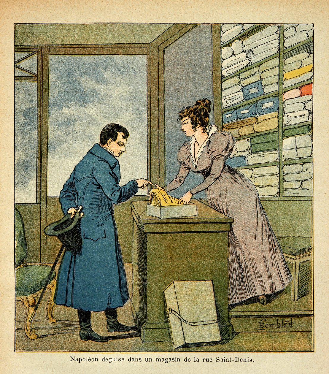 Ilustracja autorstwa Bombled Louis (1862-1927) z książki „Memoriał św. Heleny” hrabiego Emmanuela de Las Cases (1766-1842): Przebranie cesarza Napoleona w sklepie przy Rue Saint Denis, kolekcja prywatna autorstwa Louis Charles Bombled