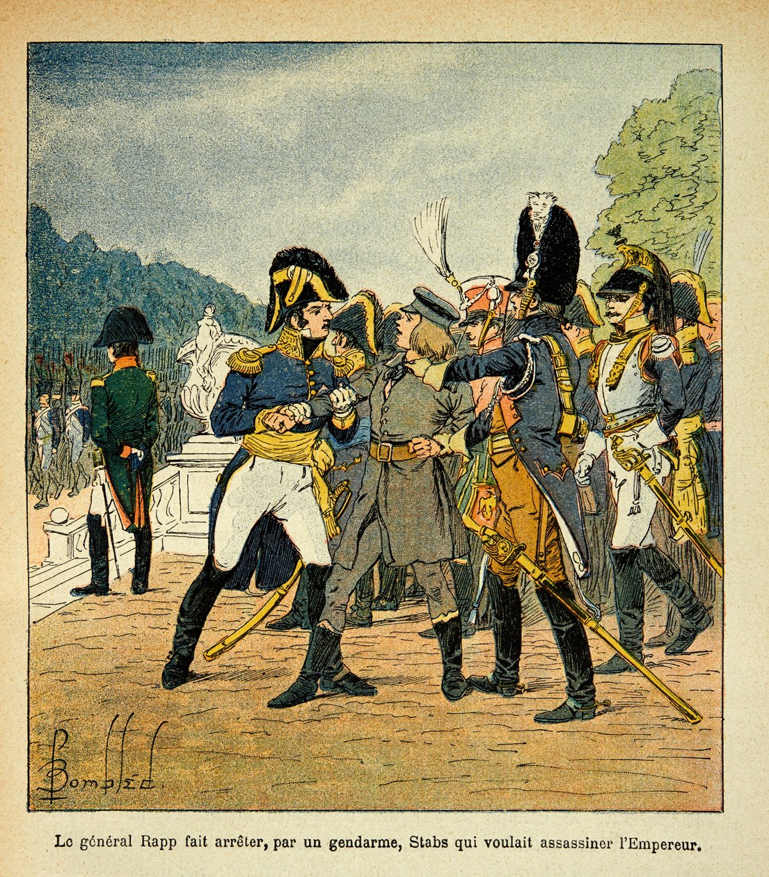 Ilustracja Bombled Louis (1862-1927) z książki „Memoriał św. Heleny” hrabiego Emmanuela de Las Cases (1766-1842): Generał Rapp aresztujący przez żandarma młodego Stabsa, który chciał zamordować cesarza Napoleona, Odbiór częściowy autorstwa Louis Charles Bombled