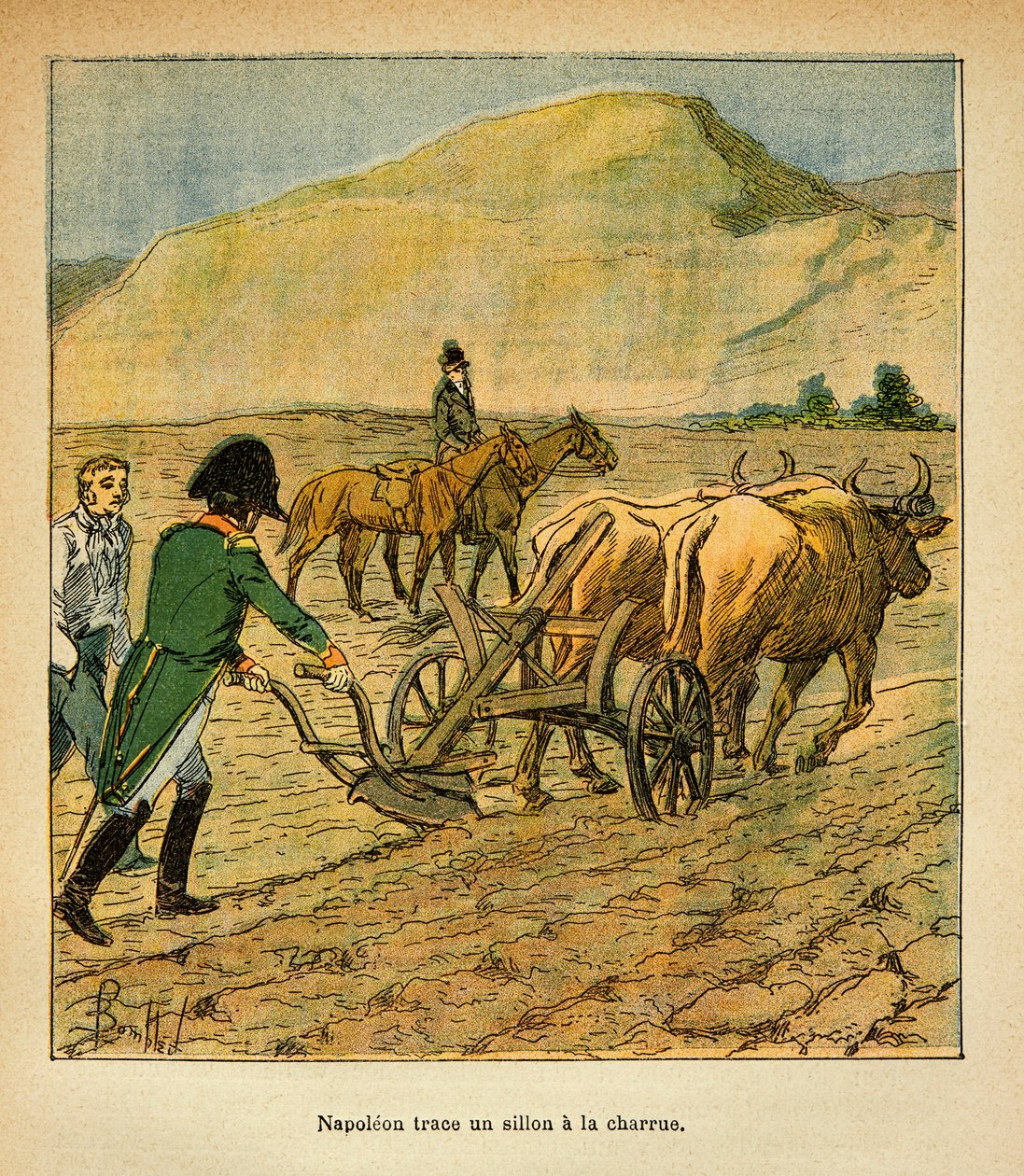 Ilustracja autorstwa Bombled Louis (1862-1927) z książki hrabiego Emmanuel de Las Cases „Memoriał św. Heleny” (1766-1842): W St. Helene cesarz Napoleon kreśli bruzdę pługa, kolekcja prywatna autorstwa Louis Charles Bombled