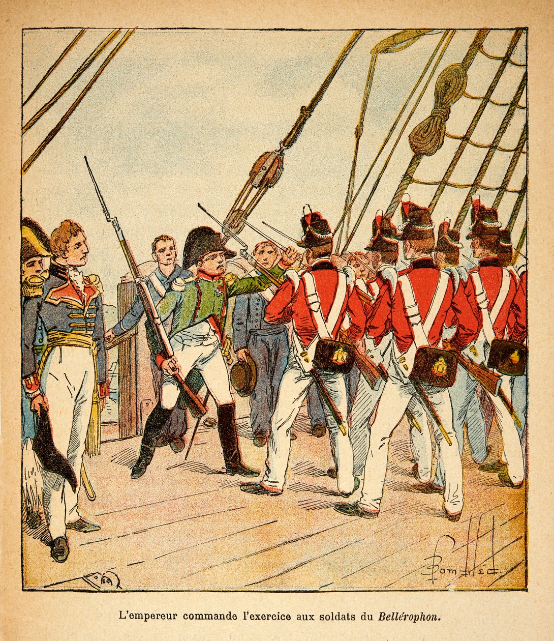 Ilustracja autorstwa Bombled Louis (1862-1927) z książki „Memoriał św. Heleny” hrabiego Emmanuela de Las Cases (1766-1842): Cesarz Napoleon dowodzi ćwiczeniami dla angielskich żołnierzy na pokładzie Bellerophon, kolekcja prywatna autorstwa Louis Charles Bombled