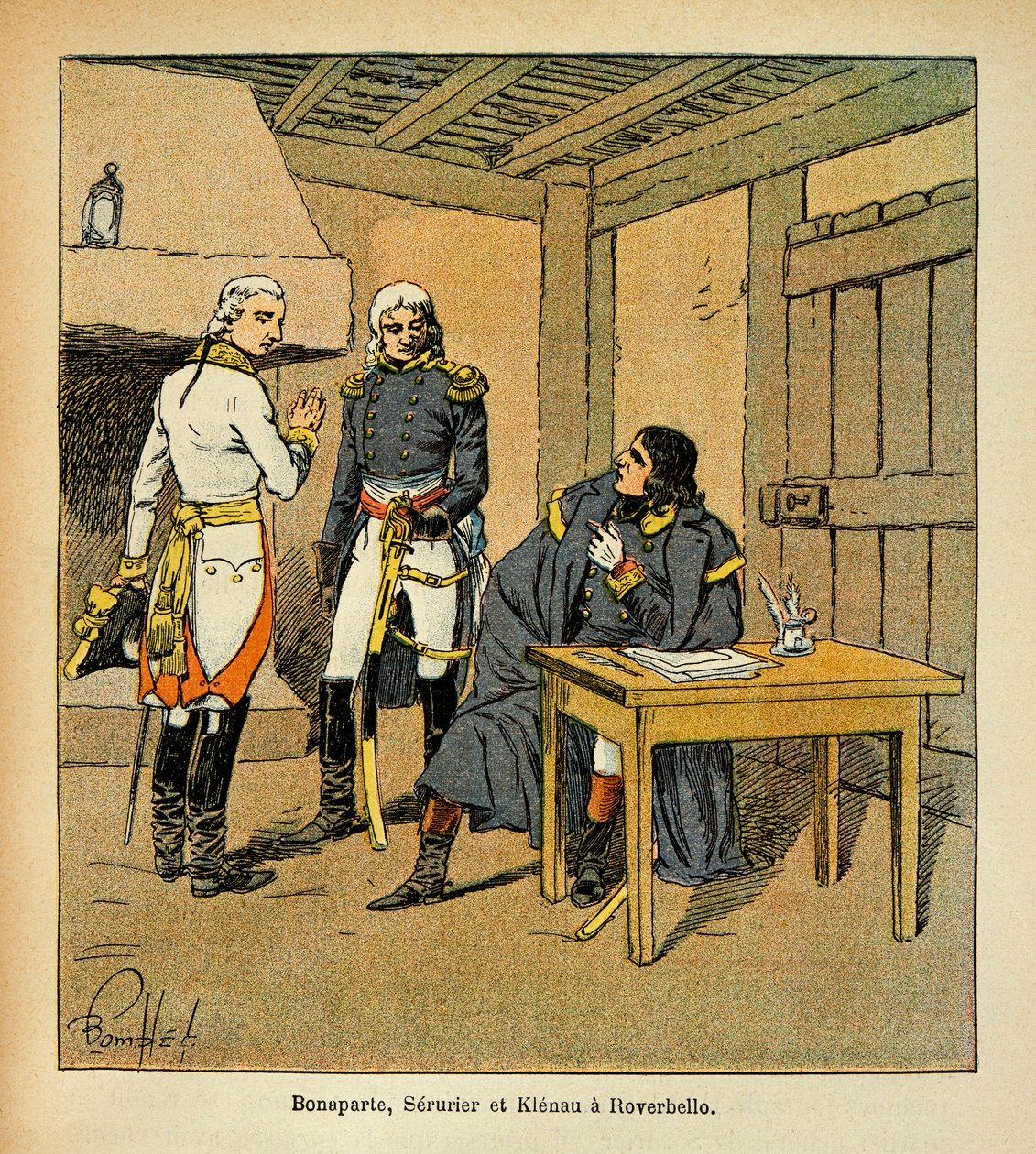 Ilustracja Bombled Louis (1862-1927) z książki „The Memorial of Saint Helene” hrabiego Emmanuela de Las Cases (1766-1842): Bonaparte, Jean Mathieu Philibert Serrurier (1742-1819) i Johann von Klenau (1758-1819) ) w Roverbello podczas włoskiego Ca autorstwa Louis Charles Bombled