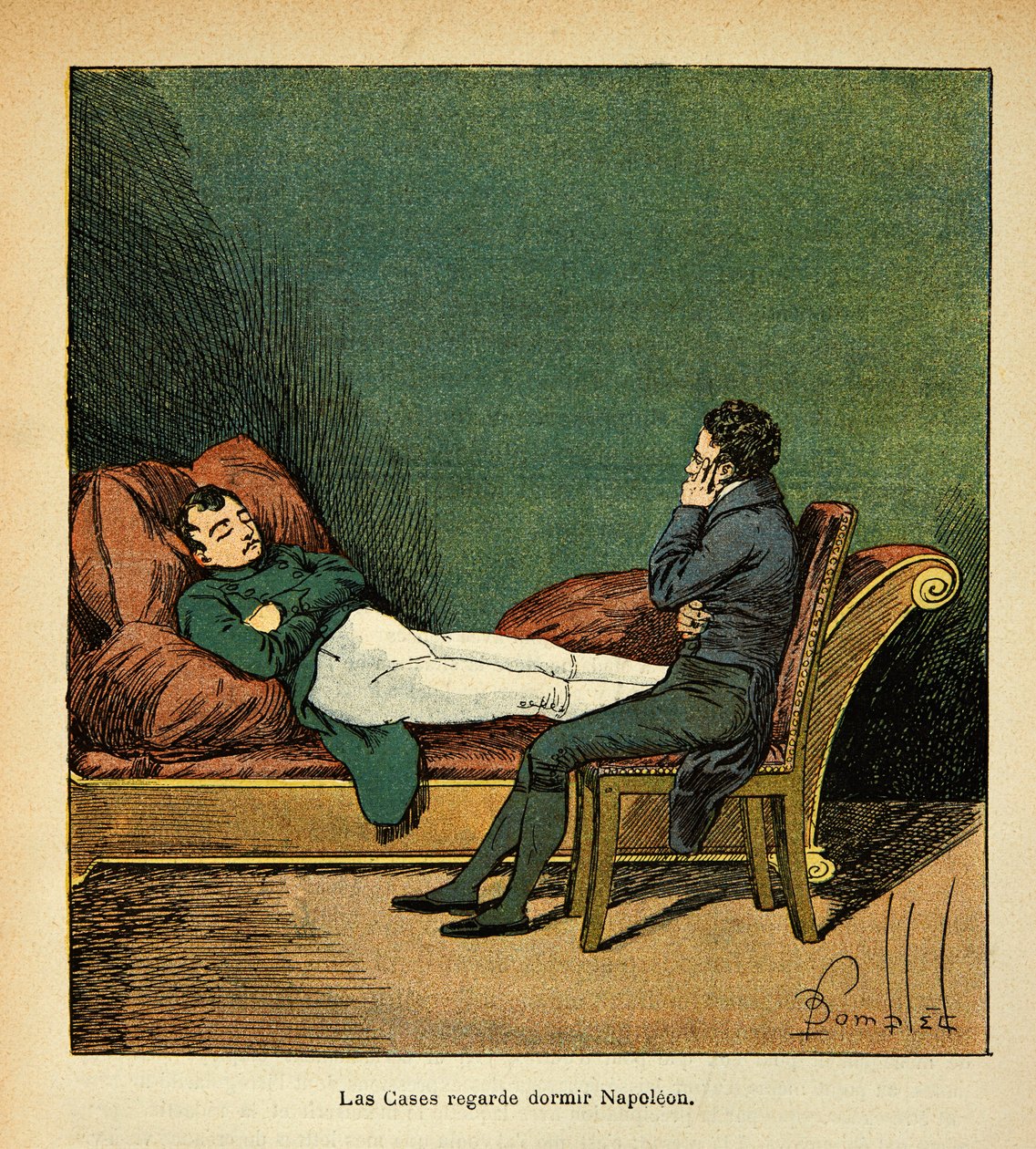 Ilustracja Bombled Louis (1862-1927) z książki „Memoriał św. Heleny” hrabiego Emmanuela de Las Cases (1766-1842): Las Cases patrzy na śpiącego Napoleona, kolekcja prywatna autorstwa Louis Charles Bombled