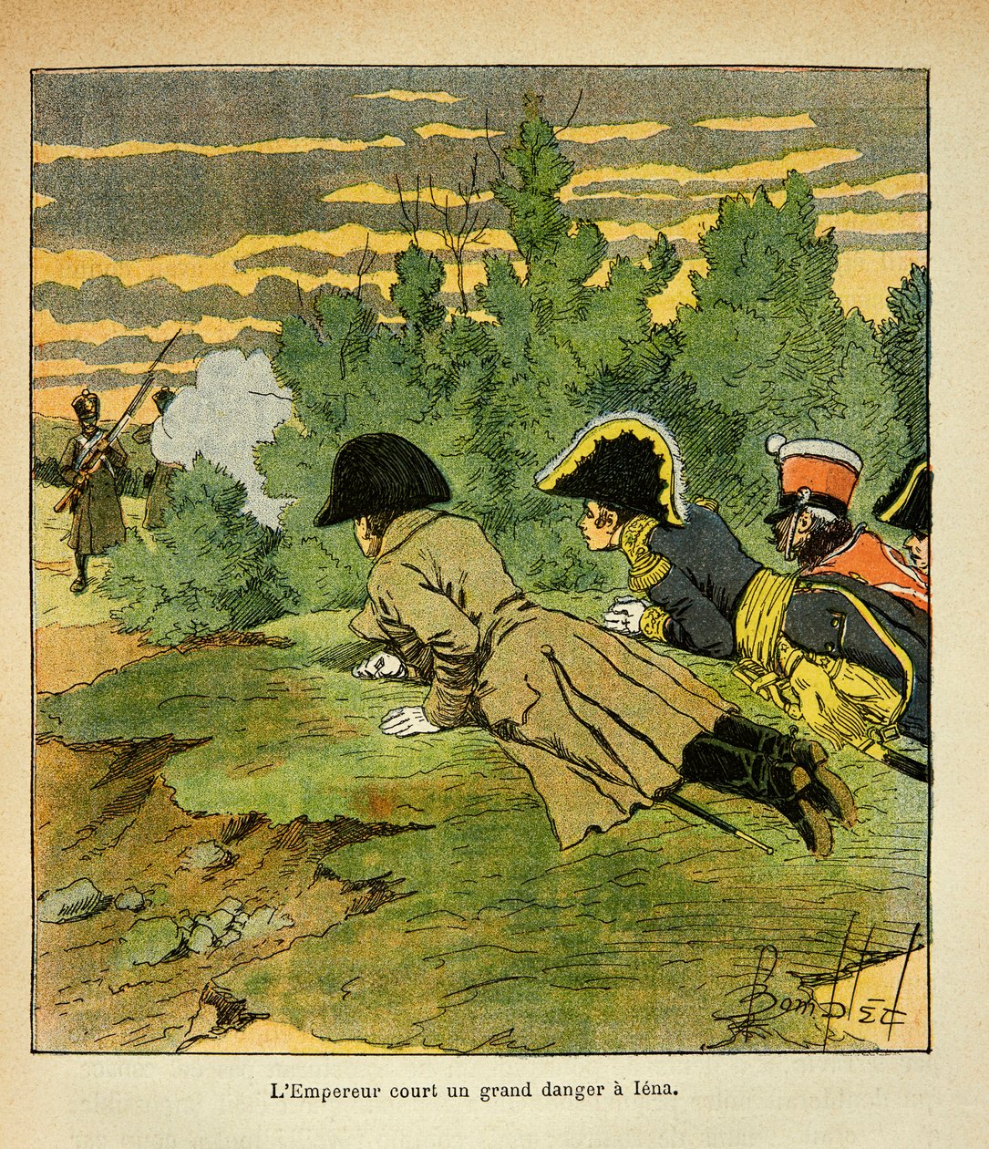 Ilustracja autorstwa Bombled Louis (1862-1927) z książki „Memoriał św. Heleny” hrabiego Emmanuela de Las Cases (1766-1842): W przeddzień bitwy pod Ieną cesarz Napoleon po rozpoznaniu linii wroga rzuca się mieszkanie, gdy francuski senti autorstwa Louis Charles Bombled