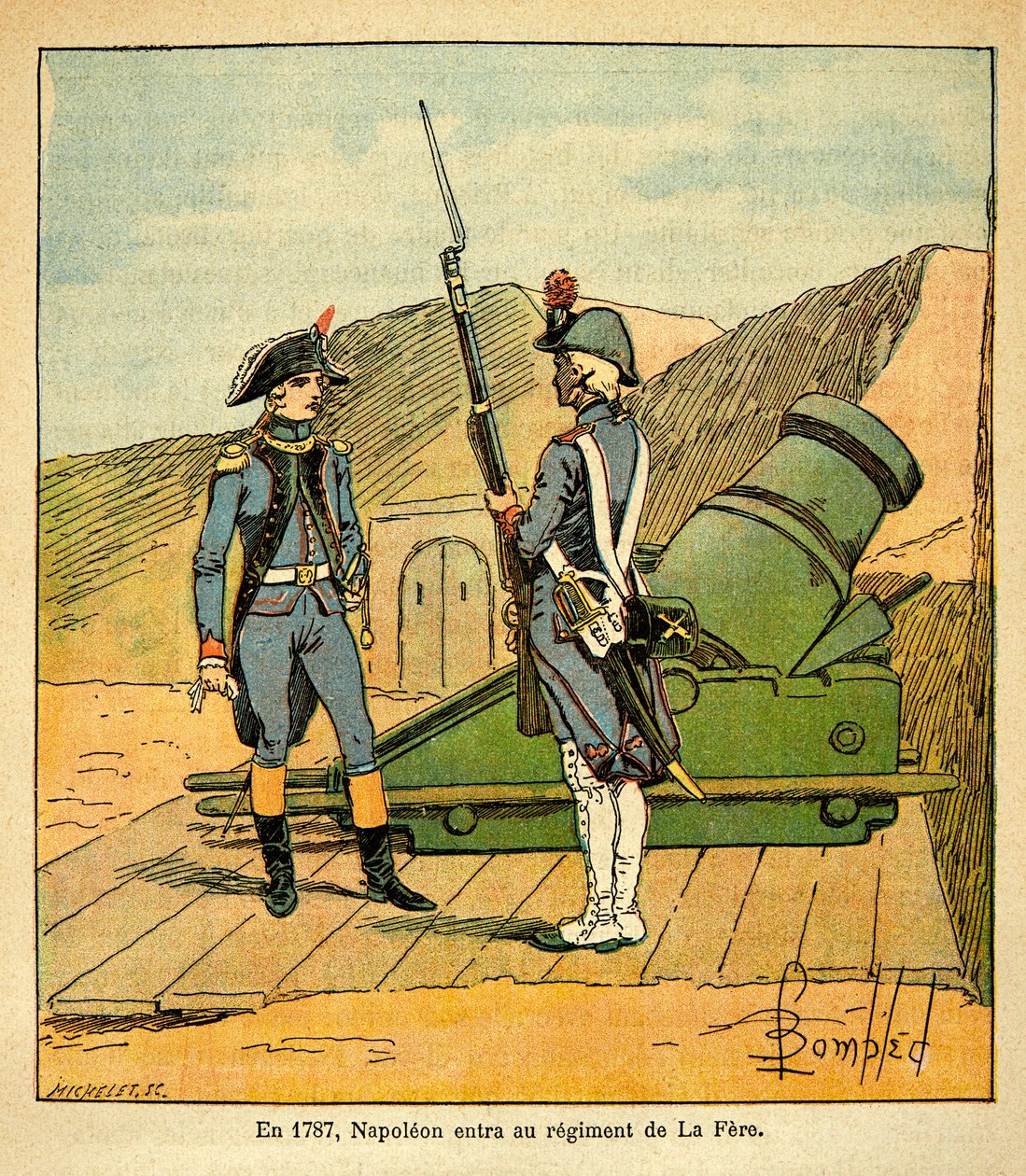 Ilustracja Bombled Louis (1862-1927) z książki „Memoriał św. Heleny” hrabiego Emmanuela de Las Cases (1766-1842): W 1787 Napoleon Bonaparte wstąpił do pułku La Fere jako drugi porucznik, kolekcja prywatna autorstwa Louis Charles Bombled
