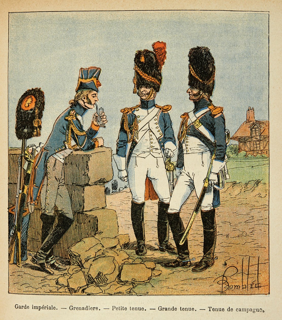 Ilustracja autorstwa Bombleda Louisa (1862-1927) z książki "Pamiątka Świętej Heleny" autorstwa hrabiego Emmanuela de Las Cases (1766-1842): Grenadierzy Gwardii Cesarskiej: Mały strój, duży strój i strój wiejski, Kolekcja prywatna autorstwa Louis Charles Bombled