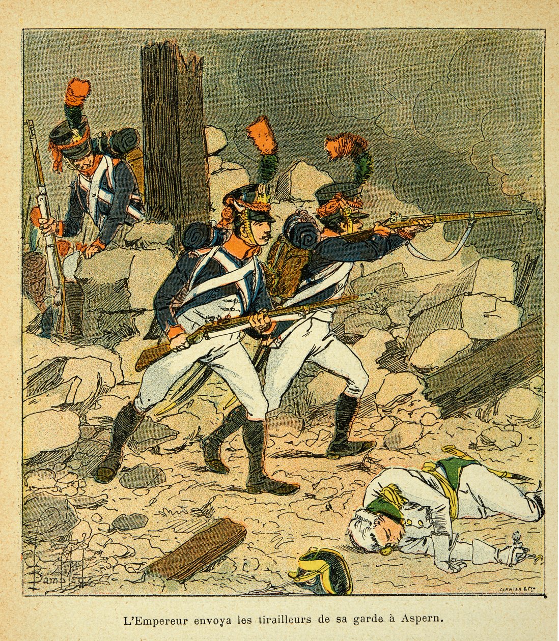 Ilustracja autorstwa Bombled Louis (1862-1927) z książki „Memoriał św. Heleny” hrabiego Emmanuela de Las Cases (1766-1842): Cesarz Napoleon wysłał swoją straż do Aspern podczas bitwy pod Essling autorstwa Louis Charles Bombled