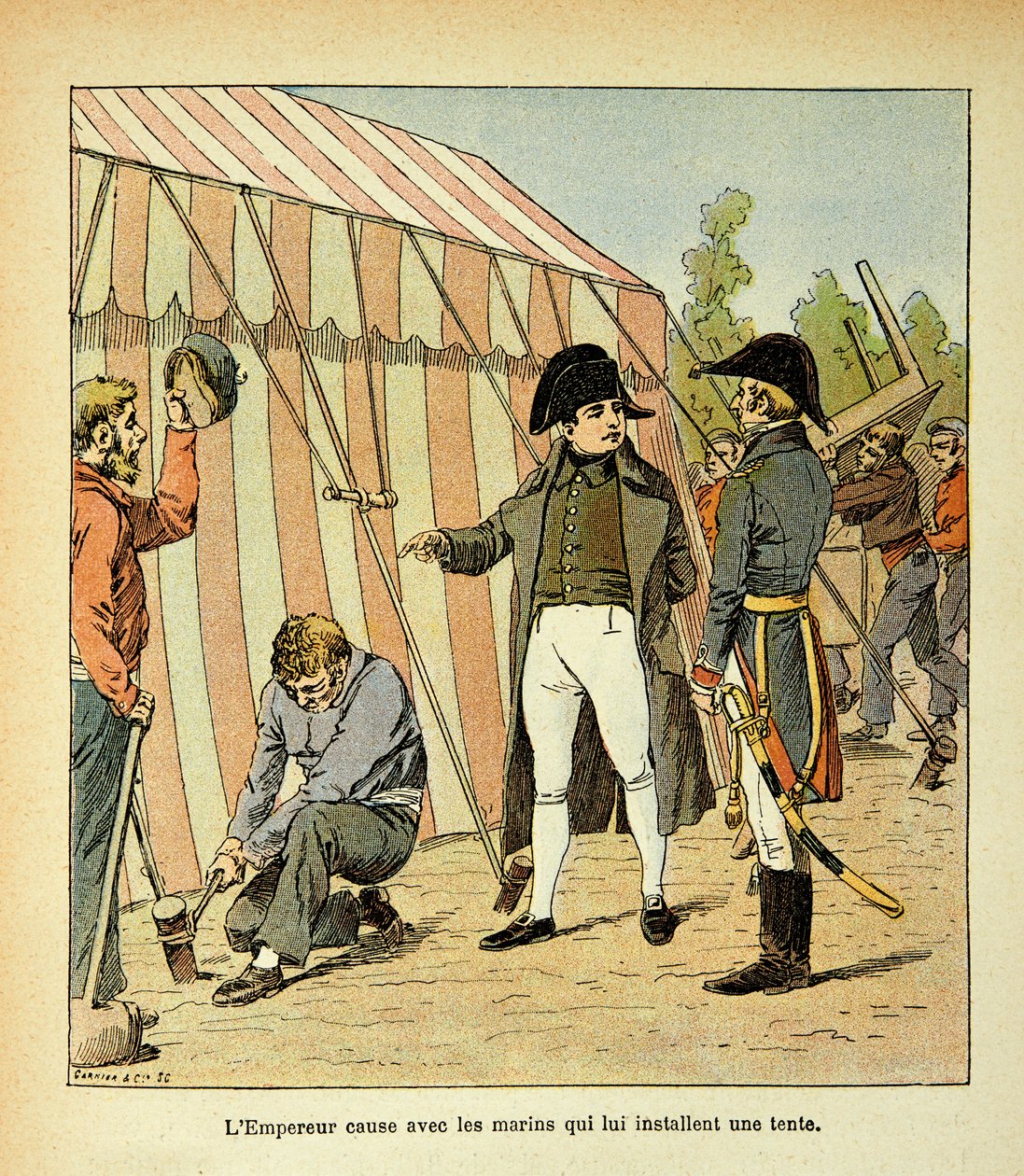 Ilustracja Bombled Louis (1862-1927) z książki „Memoriał św. Heleny” hrabiego Emmanuela de Las Cases (1766-1842): Cesarz Napoleon rozmawia z marynarzami, którzy ustawili dla niego namiot, kolekcja prywatna autorstwa Louis Charles Bombled