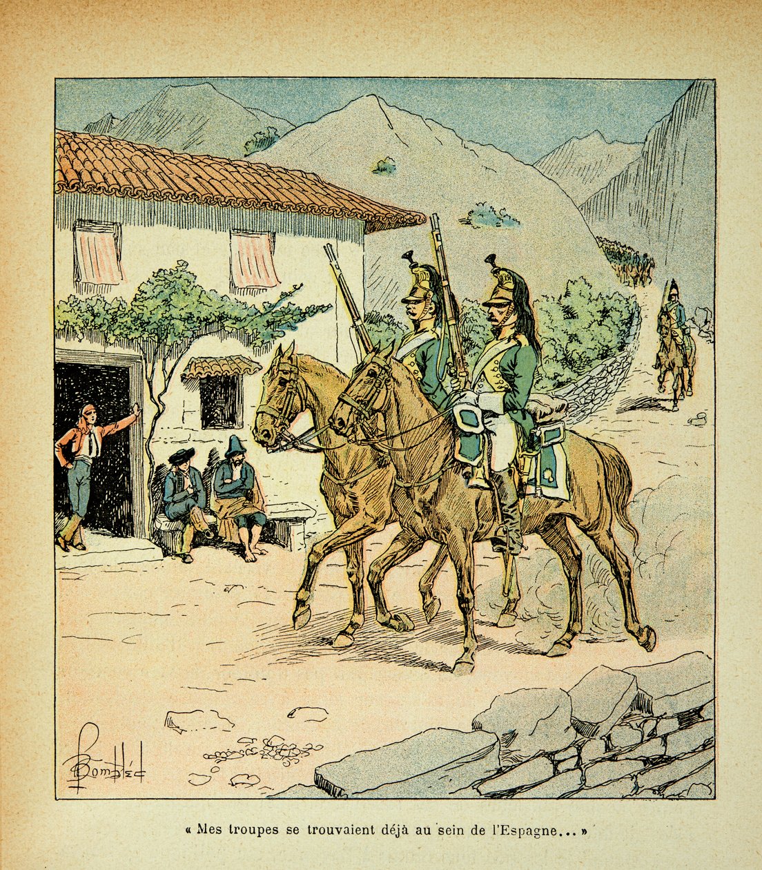 Ilustracja autorstwa Bombled Louis (1862-1927) z książki „The Memorial of Saint Helene” hrabiego Emmanuela de Las Cases (1766-1842): Francuskie wojska podczas wojny hiszpańskiej, kolekcja prywatna autorstwa Louis Charles Bombled